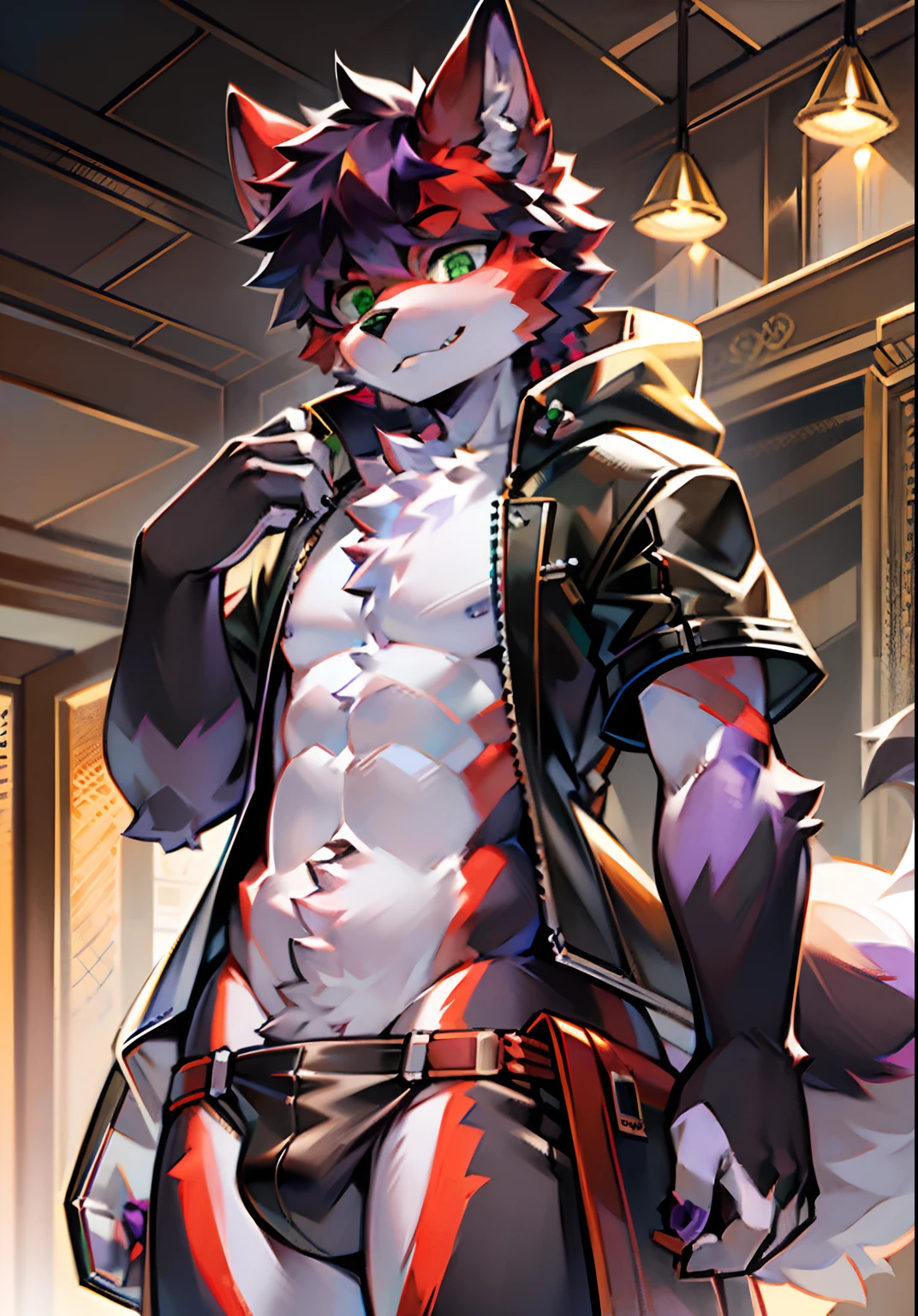eyes with brightness, in a panoramic view, Character Focus Solo, shaggy, Furry male wolf, Purple and white fur for men, Green eyes, Red-black hair(The long), and ,Bare body,Young style,height of one meter seven,handsome, There is a tail,