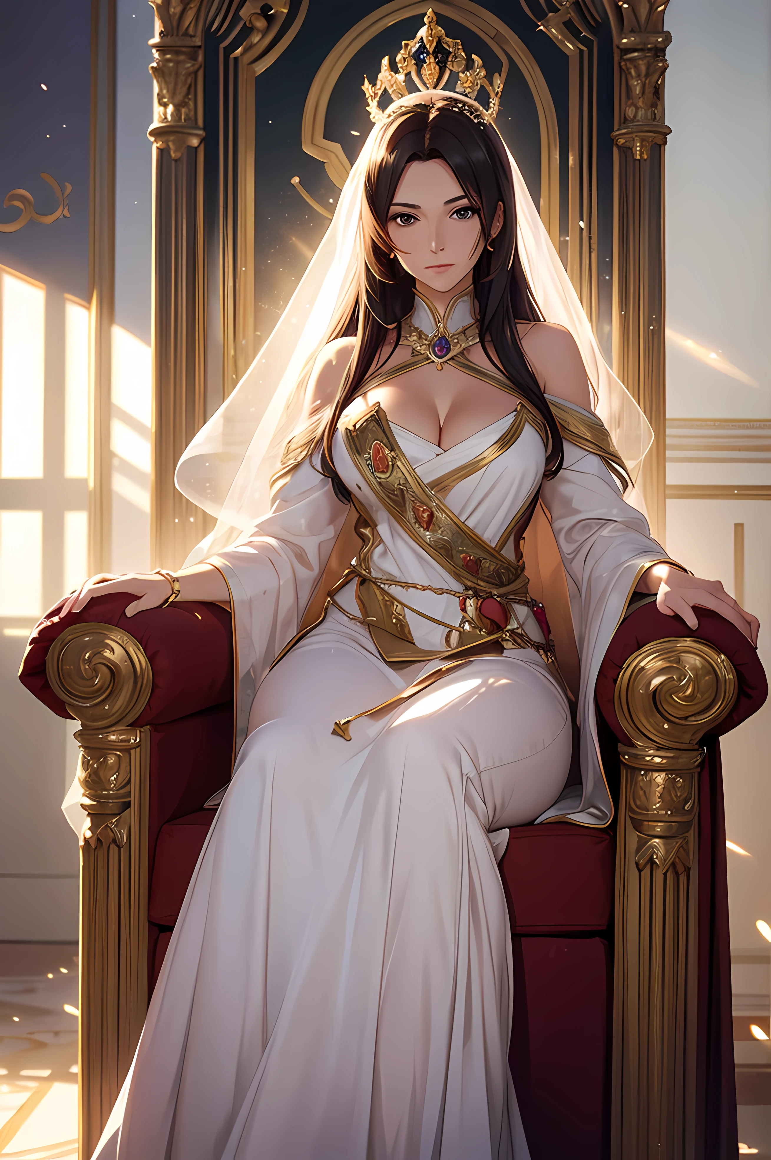 A beautiful woman, Queen, perfect body figure, beautiful face, milf, royal, age46, mature, soft smile, Tachibana Omina art style, majestic, soft posture, throne, fine details, cinematic lighting, beautiful lighting effect, creative design, holy frame, full body frame, divine aura, shining light, perfect color transition, perfect balance of contrast, perfect color layer, perfectly smooth color blur, majestic, soft posture, outside, smooth hair, soft hair, sun glare, optic lens, light ray, soft colors, smooth colors blend,, light particles, robe, mantle, perfect, clothes details