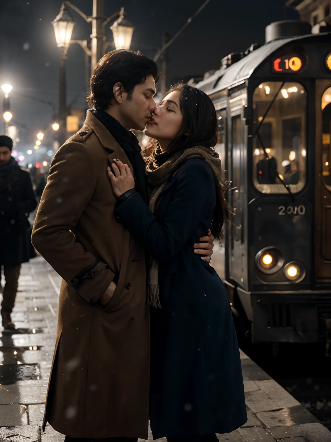 in the year 1800 in iran A young Iranian woman wearing a long over coat is standing in a steampunk train station. It is night and snowing. The woman is sad kissing her husband, who is getting on a train. The husband is soldier wearing winter cloth., closed eyes, closed eyes, half-closed eyes, crying, Romanticism, cinematic lighting, glowing light, motion lines, vignetting, silhouette, masterpiece, high details, award winning, 4K