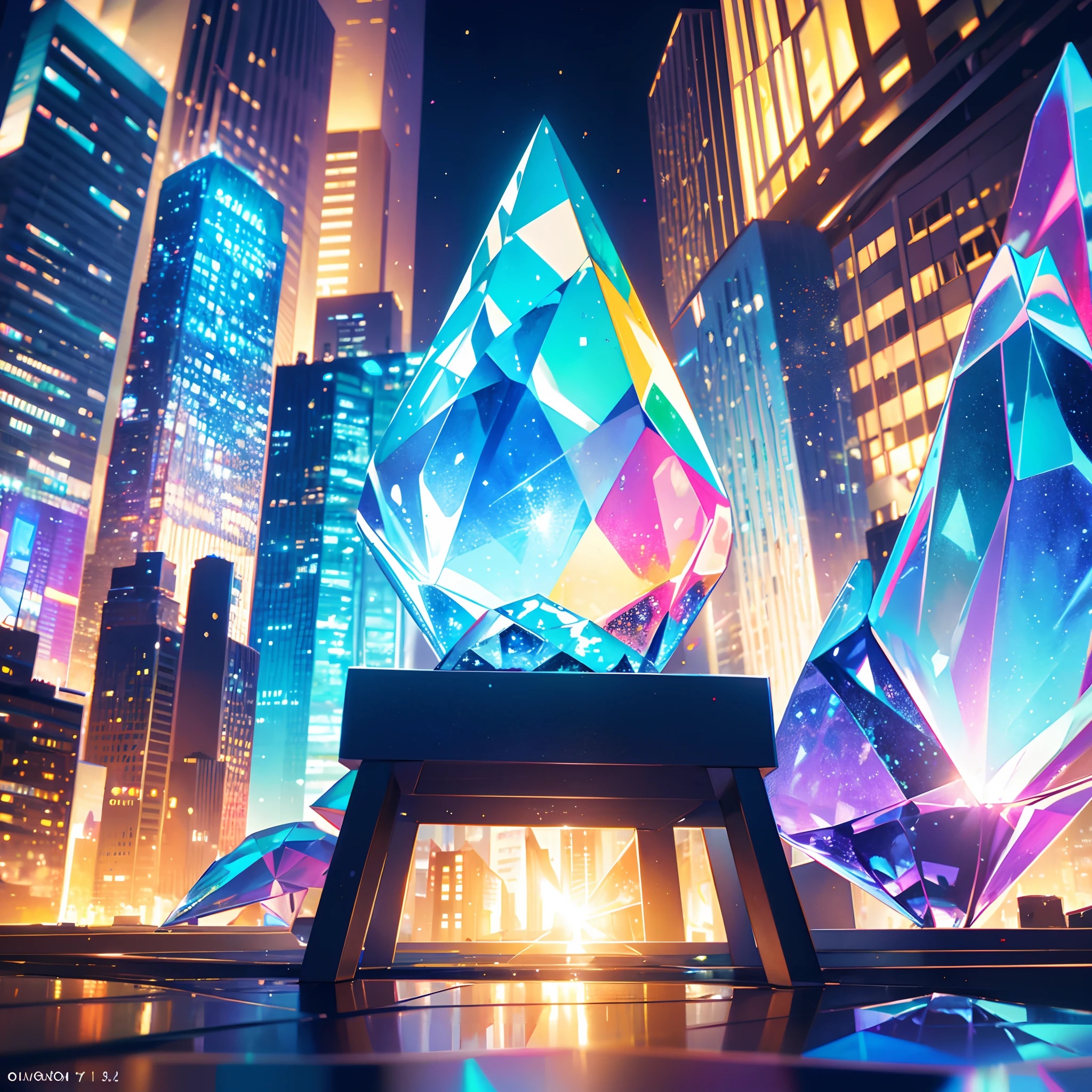 photograph of a one massive colorful crystal:1.2 growing out of the city, focus on crystal:1.2, 4k, 8k, highly detailed, big city background, landscape,translucent crystal:1.1, light going trough the crystal, bokeh, chromatic aberration