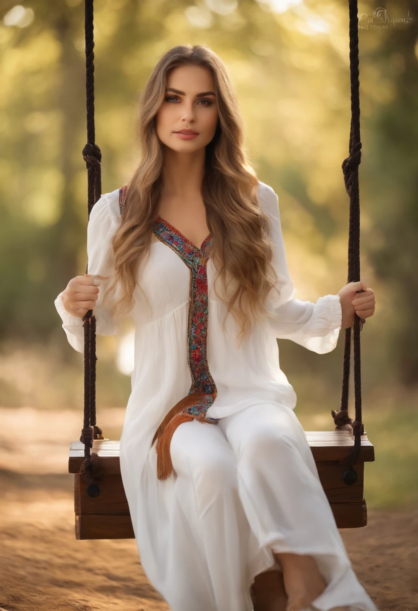 a beautiful young lady with long brown and white hair, in the style of tenwave, vibrant colorist --ar 85:128, sitting on a swing, V-neck white shirt