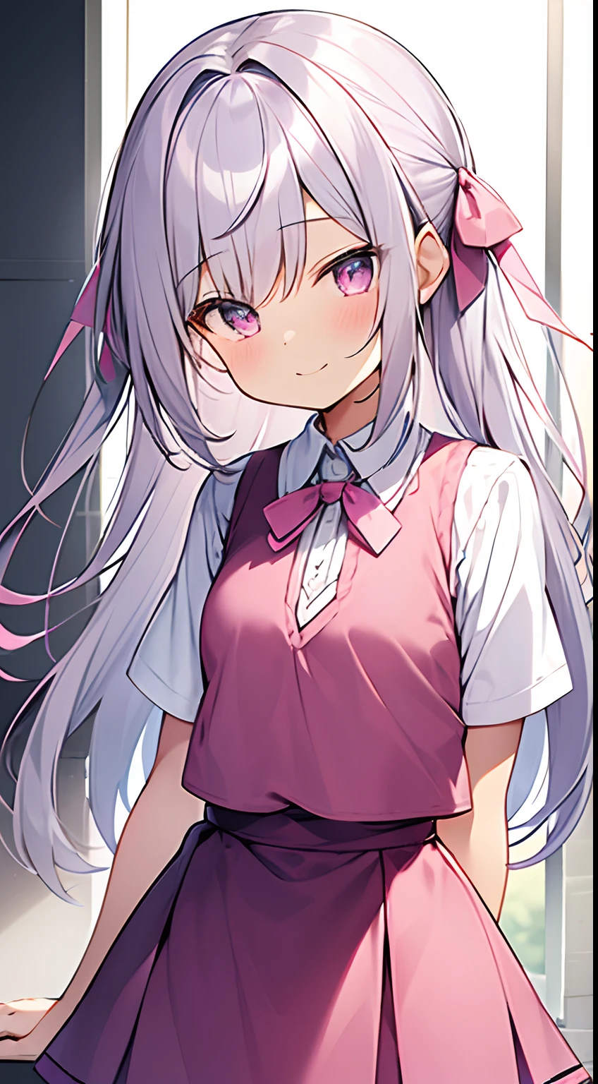 Wearing a short-sleeved shirt layered with a dark pink vest　Skirt in the same color as the vest　Light blue and pink eyes　Thin silver hair　Long hair　White knee-high socks with blue ribbon and small flowers in her hair　cute little　Dark pink ribbon on the chest　Lori　Posing cutely　light skinned　Bun　a smile