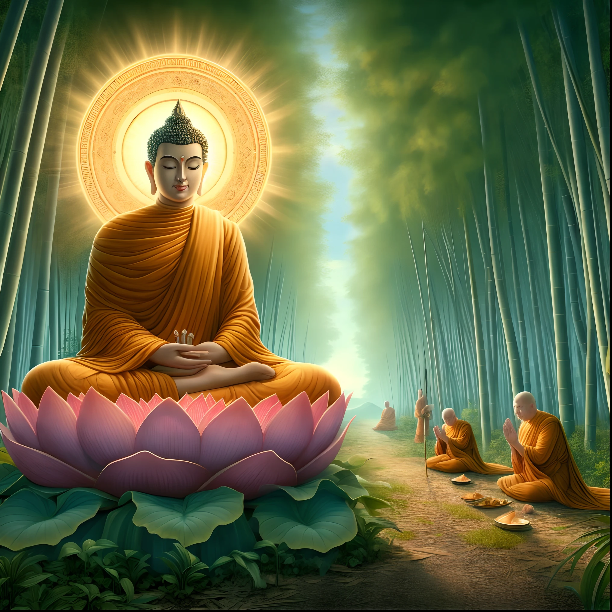 buddha sitting on lotus flower surrounded by three monks in a bamboo forest, buddhism, buddhist, the buddha, on path to enlightenment, on the path to enlightenment, samsara, buddha, buddhist art, sitting on a lotus flower, hindu stages of meditation, buddhist monk meditating, monk meditate, spiritual enlightenment, meditation, enlightenment, a beautiful buddhist mandala, beautiful depiction