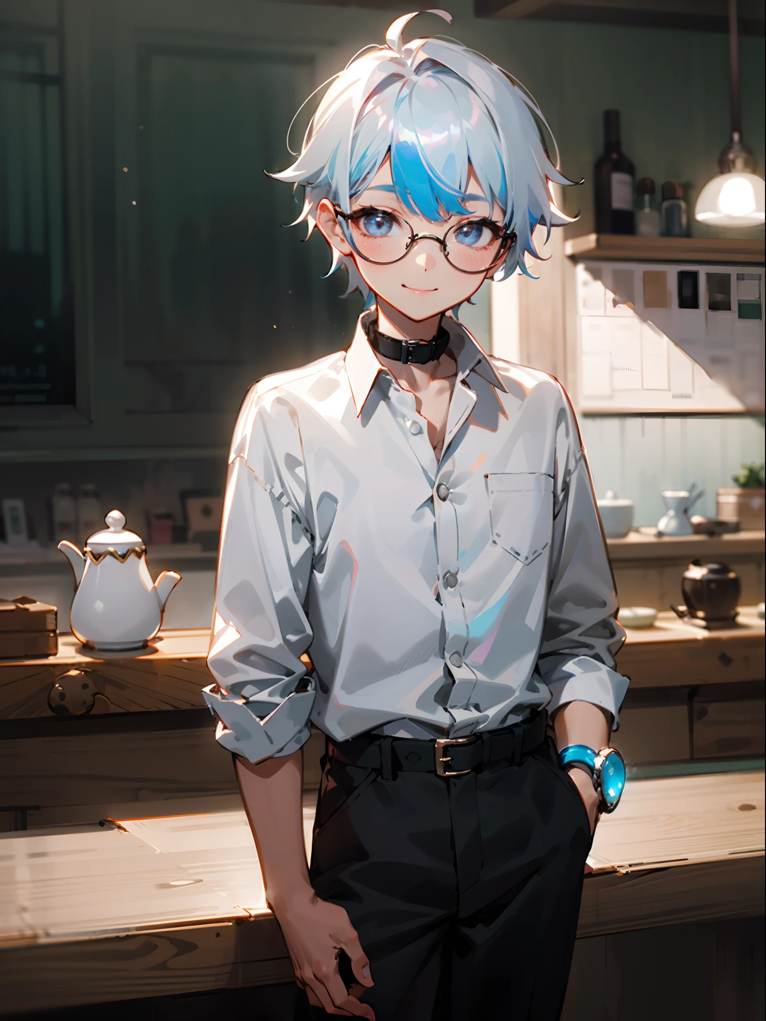 Male , eye glasses,Cowboy Shots,A smile, silber hair,Daytime,Iridescent background,1girl in, Gawr Gura, A detailed eye, coffee shop, portlate, buttoning, white shirt, shirt with collar, Black pants, volume illumination