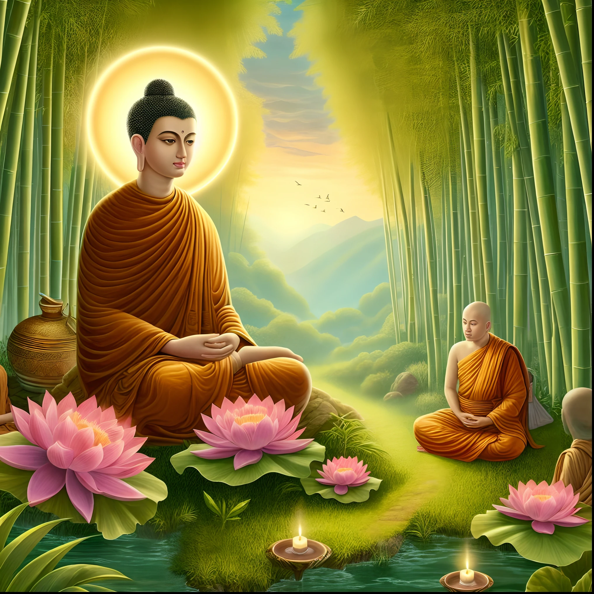 buddha sitting in a lotus position with two monks in the background, buddhism, buddhist, the buddha, buddhist monk meditating, monk meditate, on the path to enlightenment, on path to enlightenment, buddha, beautiful depiction, buddhist art, a beautiful buddhist mandala, serene illustration, hindu stages of meditation, spiritual enlightenment, buddhist monk, a beautiful artwork illustration