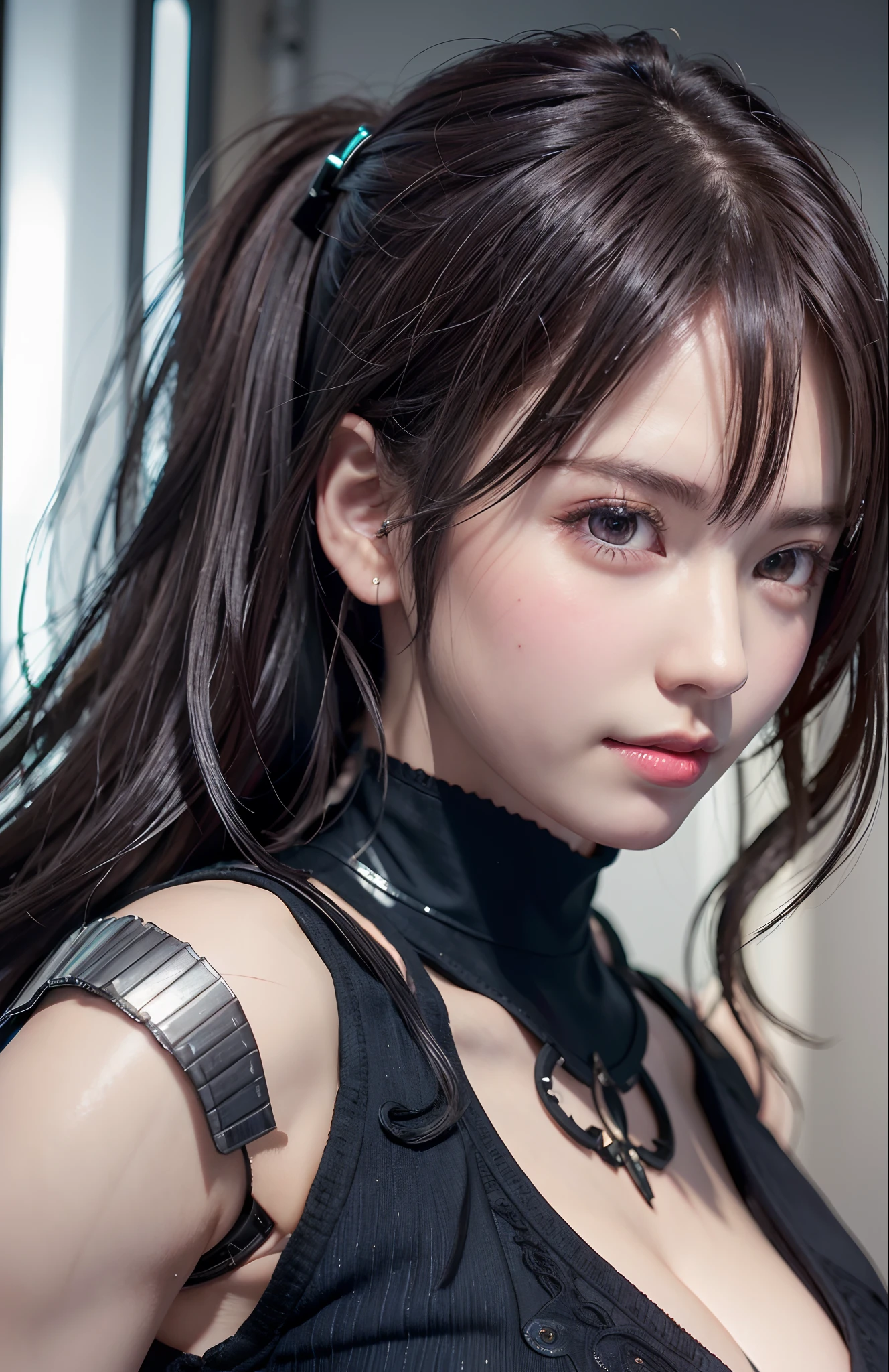 top-quality、8K Masterpiece、超A high resolution、(Photorealsitic:1.3)、Raw photo、女の子1人、silver white hair、glowy skin、1 Cyberpunk Super Beautiful Soldier、((super realistic details))、portlate、globalillumination、Shadow、octan render、8K、ultrasharp、beauty breast、Raw skin is exposed in cleavage、metals、cold color、、highly intricate detail、Realistic light、CGSoation Trends、Beautiful eyes、radiant eyes、Facing the camera、neon details、