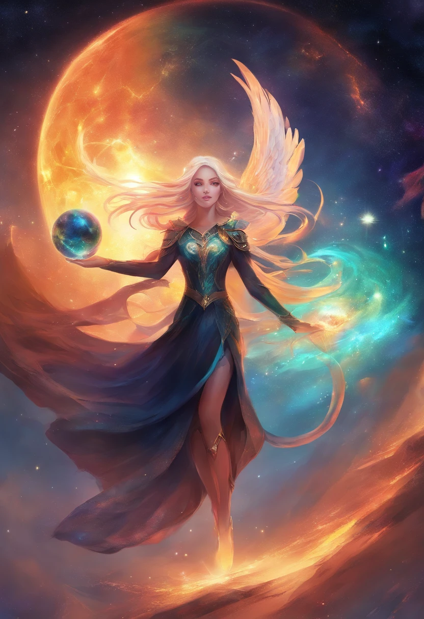Cosmic Angel, Black cat, The planet is very bright in color, Light particles, with light glowing, Mshiv, wallpaper art,