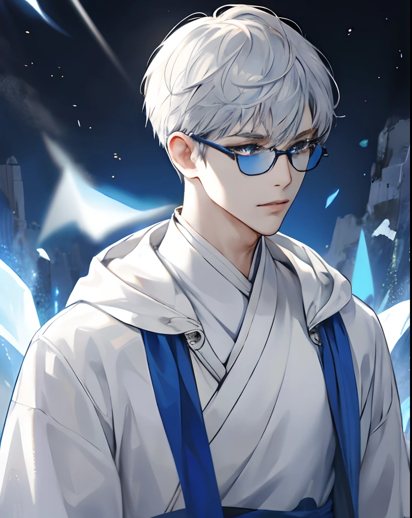 Need, Quality , masterection, 1male people, sportrait, focus, Blue eyes, solo, bangs, Look at the audience, Hood, Short, Silverhair,Short hair on the ears, Luxury,8k,the detail,Ray traching,depth of fields,电影灯光, Metal glasses, Hanfu, white clothes, Blue clothes ,white backgrounid