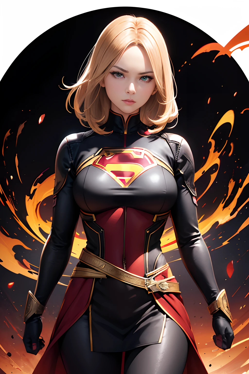 ((black background)), Center, ((full portrait)), short blond hair Rebecca Ferguson, supergirl samurai, looking into camera, red eyes, vibrant colors, energetic red aura, highly detailed clean, vector image, photorealistic masterpiece, professional photography, simple sunrise backdrop, flat white background, isometric, vibrant vector