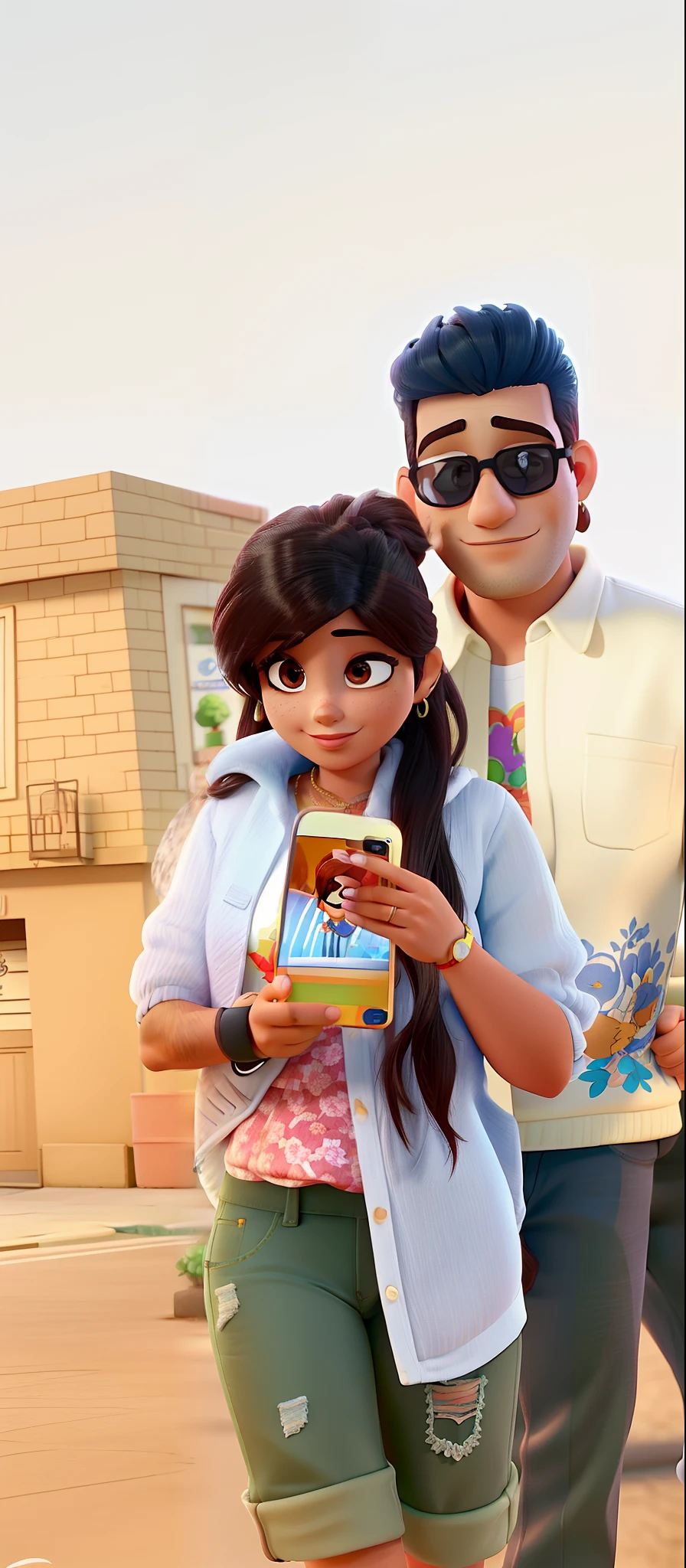 Casal (homem moreno e mulher morena a mulher pega um iPhone x, On animated background where the street is ) no estilo Disney Pixar, alta qualidade, melhor qualidade.