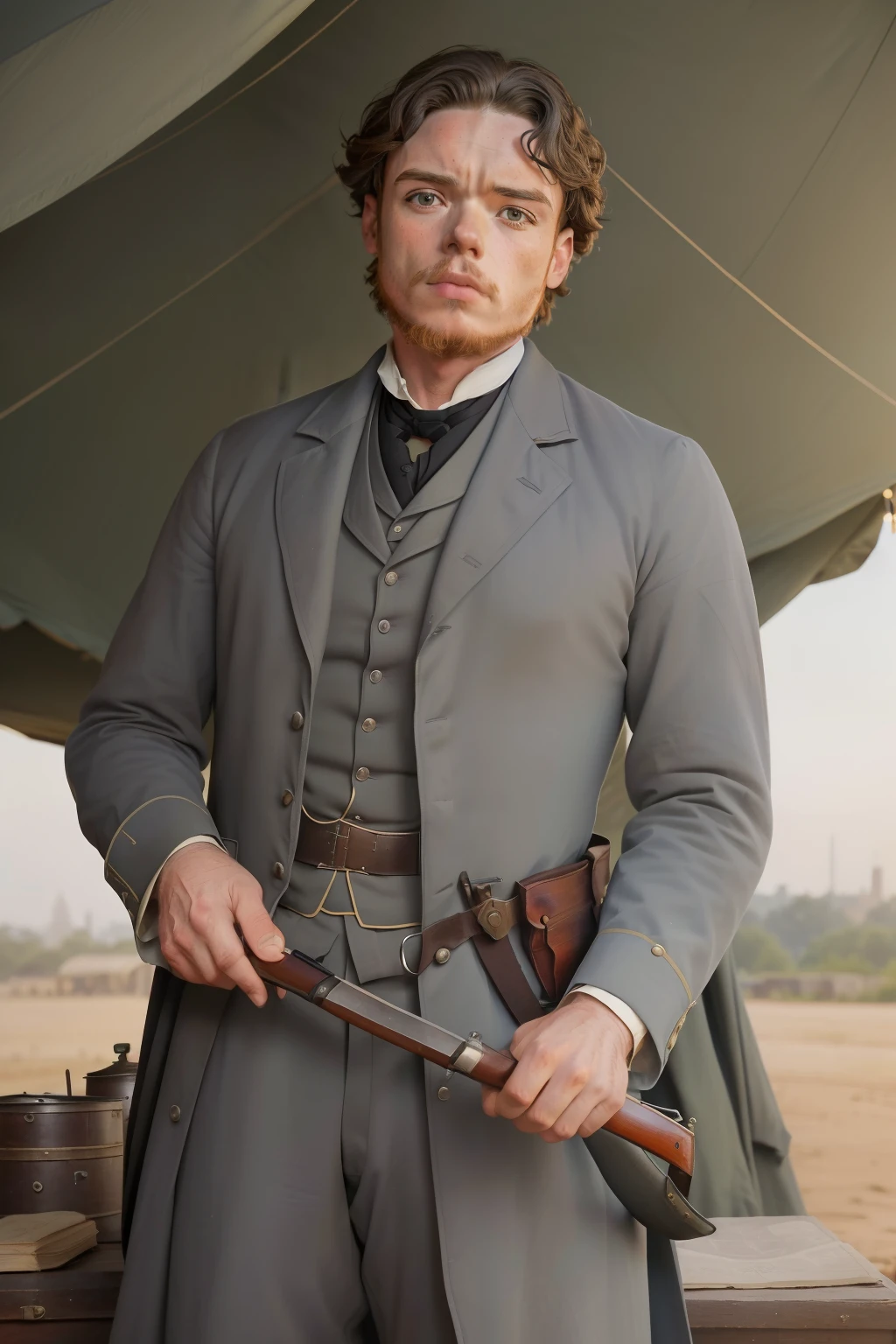 year: 1863. Location: Cairo, Illinois. Pre-Raphaelite (((45-year-old Richard Madden))), ((grey hair)), army doctor, military camp, tent, civil war, ((worried look)), cleaning surgical instrumental, ((((Clothing from the 1860s)))) ((Hairstyle of the 1860s)), ((("OMITB" cinematography)))