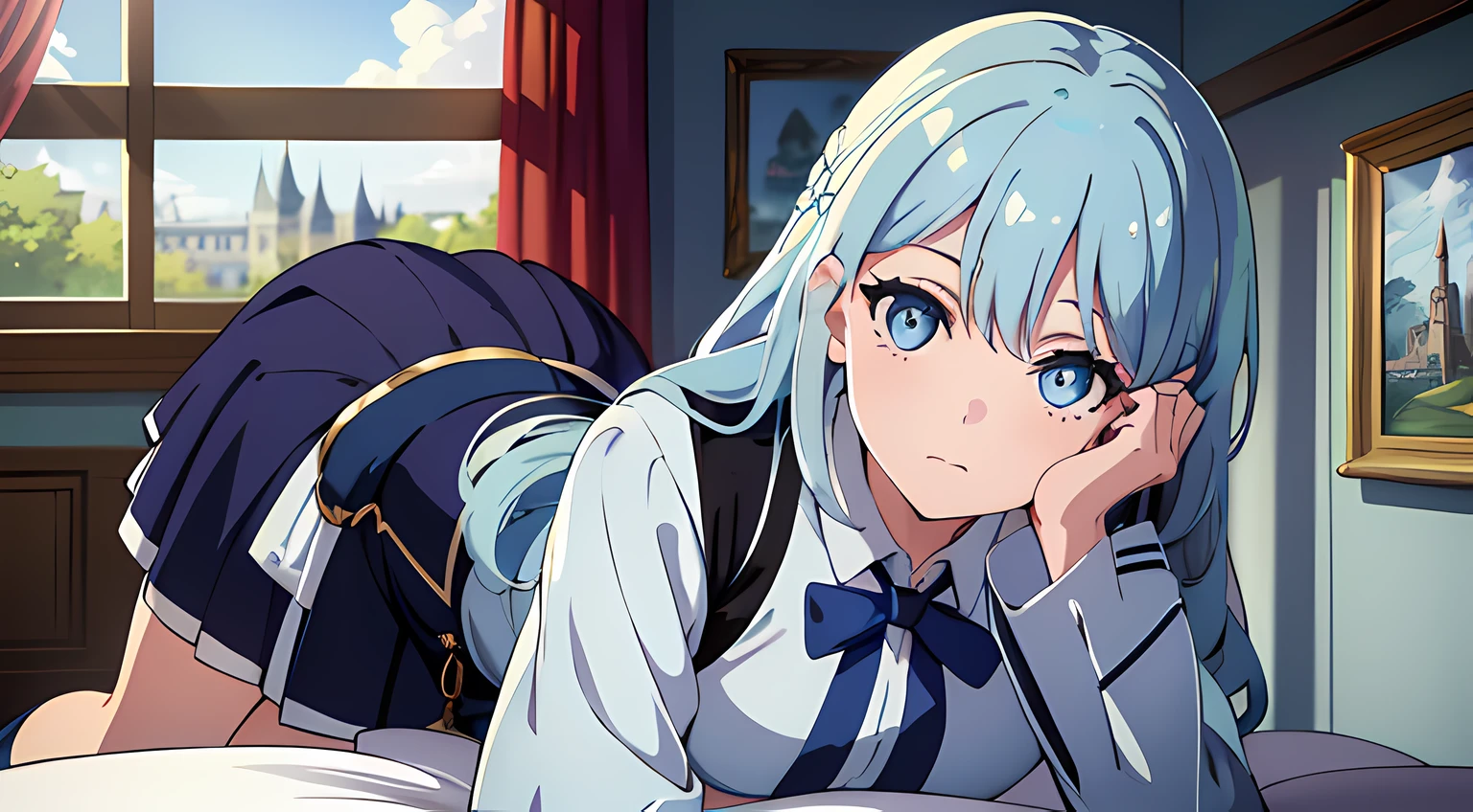 (1girl in),(beautiful eyes finely detailed, Face to detail, white and blue hair color), harry potter style uniform, long skirt, standing in bedroom, tsundere facial expression, camera angle from top, full body, masterpiece sidelighting, ​masterpiece, top-quality, detailed, High resolution illustration