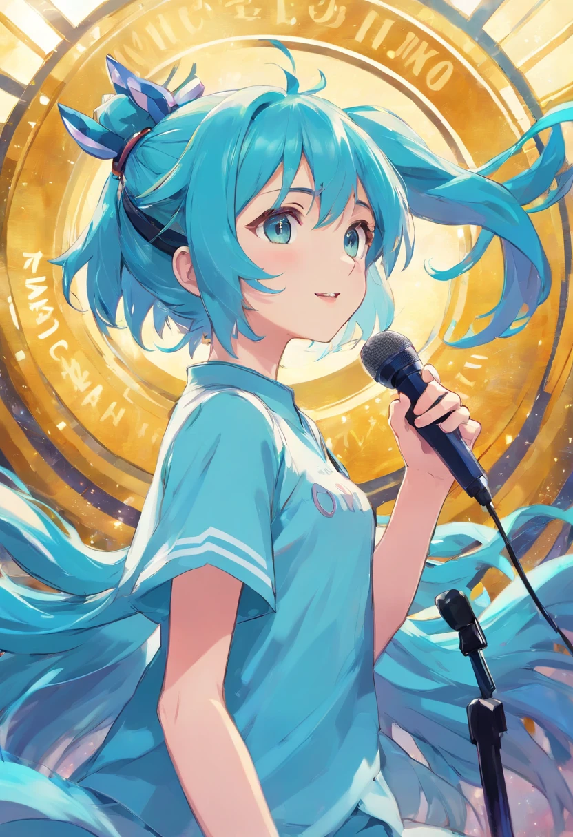 Vocaloid、AKITO、man、bleu hair、microphone、sings