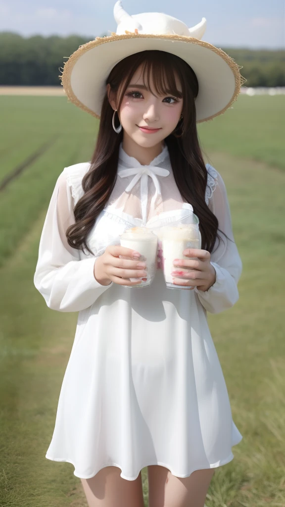 Female idol covered in milk(Cute costumes)、Reluctant、full body Esbian、Pasture