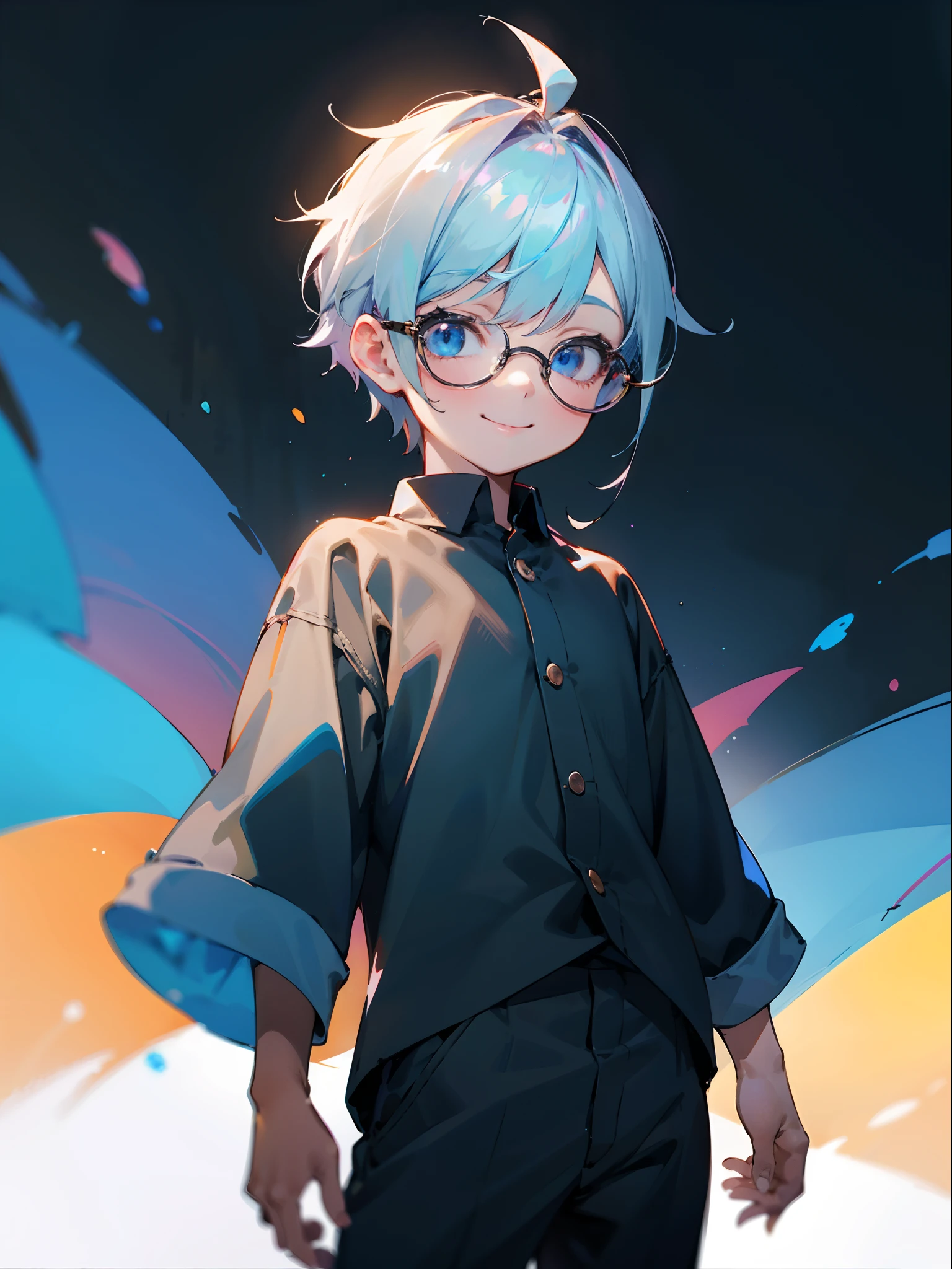 Male child, eye glasses,Cowboy Shots,A smile, silber hair,Daytime,Iridescent background,