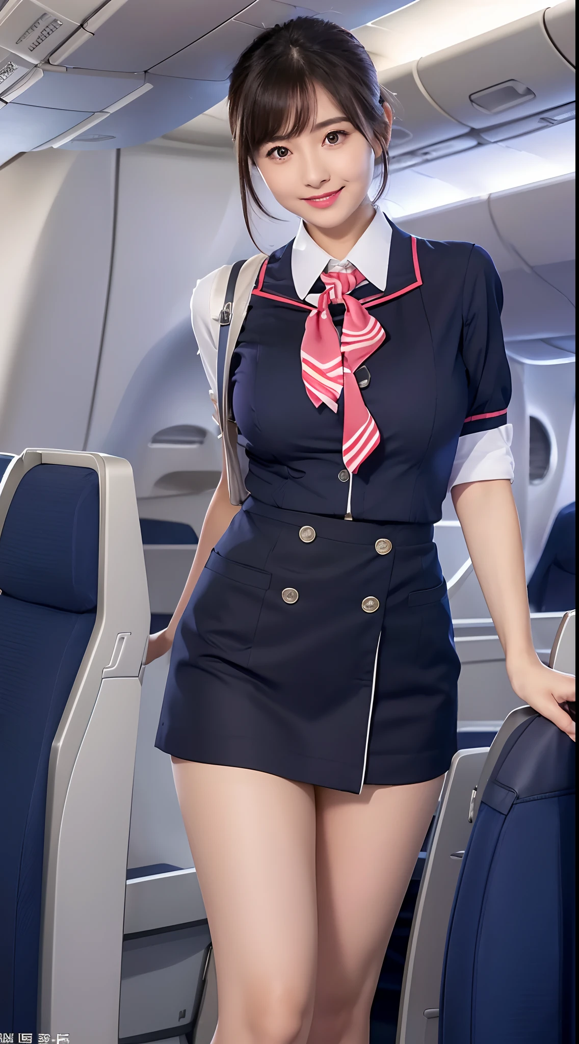 top-quality, masterpiece, 8K, 超A high resolution, (Photorealsitic:1.4), 1girl in、beautiful countenance、symmetrical eye、Colossal tits、Perfect body proportion、Stewardess uniform、Look at viewers、(Inside the plane:1.2)、front-facing view、Shoulder、Absolute area(1.3)、A smile erotic school uniform ((Amazing ultra-short ultra-micro mini skirt)) ((The shortest ultimate micro mini skirt:1.3)) ((Micro mini skirt for sex))(Colossal tits) (((Stewardess inviting to SEX:1.3)))((Roll up your skirt and show me your panties))((Stewardess for SEX:1.3)) ((No panties))