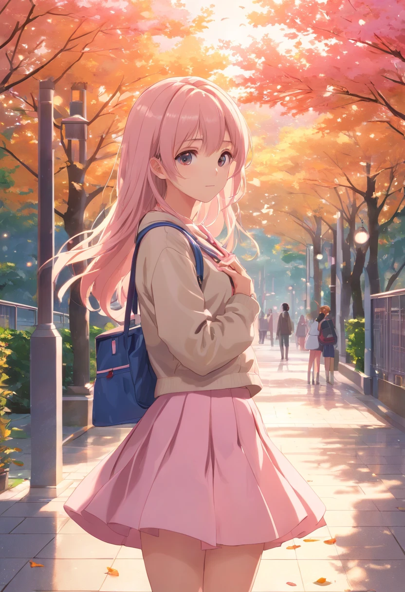 Girl taking a picture on campus，(((The girl wears a pale pink JK skirt，long hair flowing，155 cm tall，Tiny cute)))Adopt the artistic style of portrait photography，The scene creates an autumn atmosphere，Use warm tones to render the entire picture。。The picture quality is required to be the best quality、4K、A high resolution、Masterpiece level，The picture requirements are super detailed、realisticlying、Photo-real。At the same time, pay attention to the lighting effect，Use natural light from the campus or soft artificial lighting to bring out the beauty of the girls。