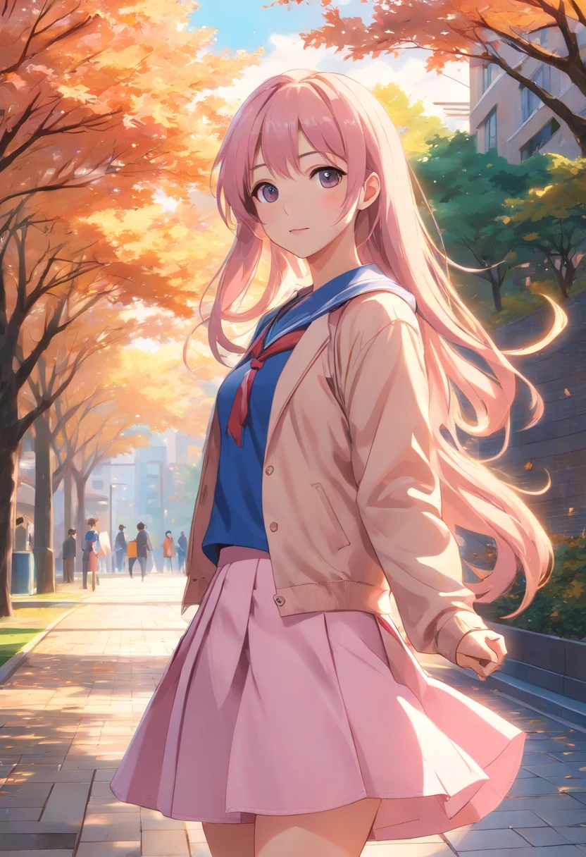 Girl taking a picture on campus，(((The girl wears a pale pink JK skirt，long hair flowing，155 cm tall，Tiny cute)))Adopt the artistic style of portrait photography，The scene creates an autumn atmosphere，Use warm tones to render the entire picture。。The picture quality is required to be the best quality、4K、A high resolution、Masterpiece level，The picture requirements are super detailed、realisticlying、Photo-real。At the same time, pay attention to the lighting effect，Use natural light from the campus or soft artificial lighting to bring out the beauty of the girls。