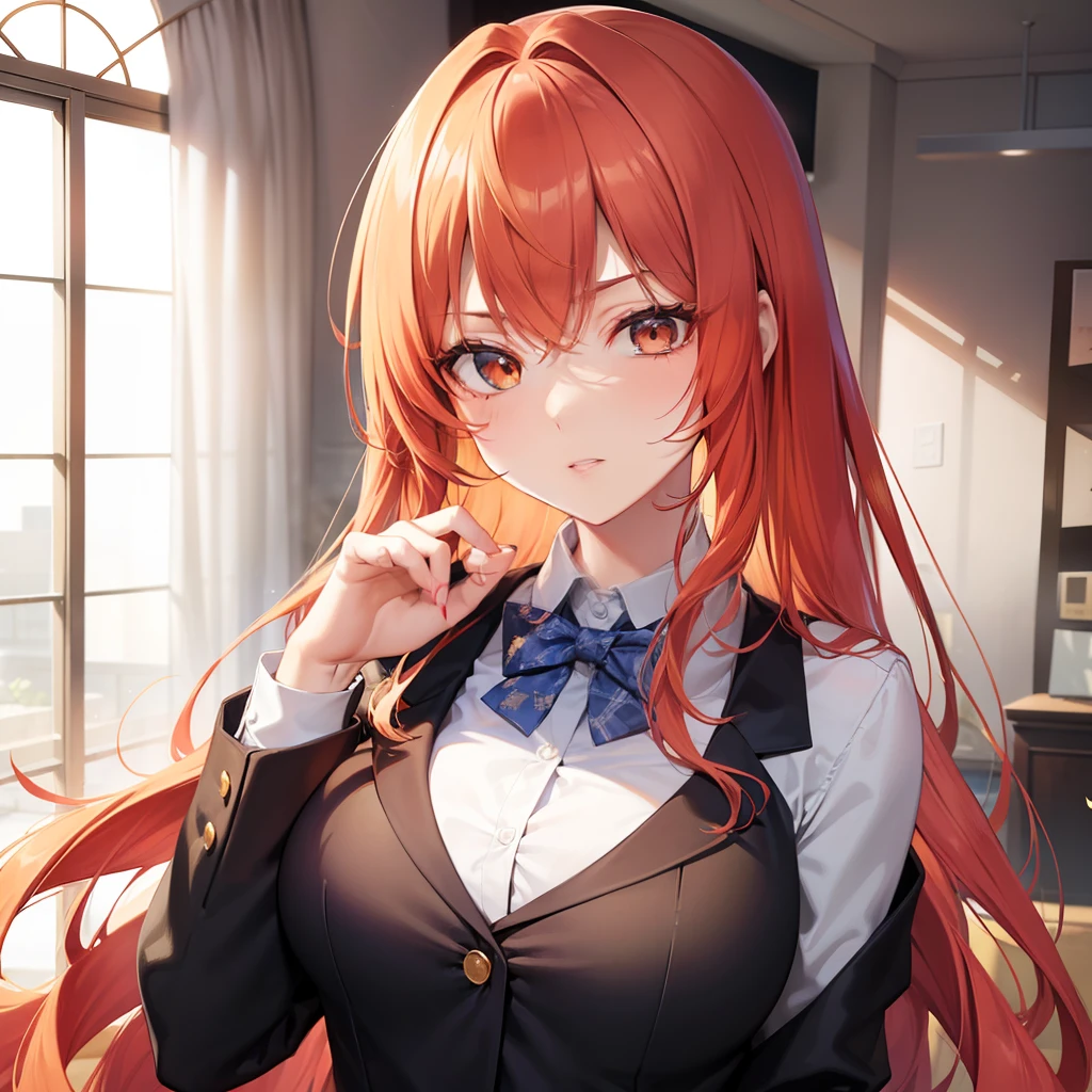 A pretty anime lady, wearing a school uniform, a lady with long Ginger hair and Hazel eyes, is looking at you in annoyance.