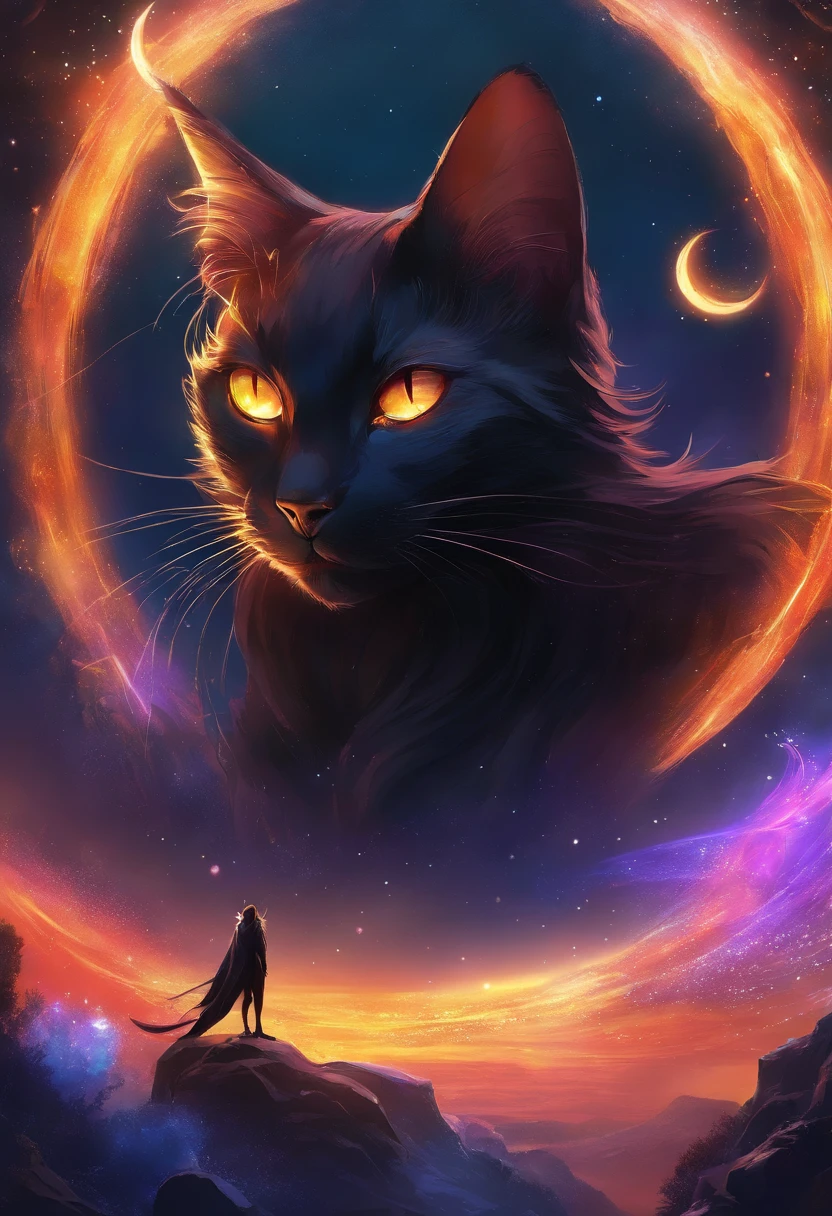 black cats,Glowing planet, Beautiful and splendid,Very bright colors, Light particles, with light glowing, Mshiv, wallpaper art, UHD wallpaper