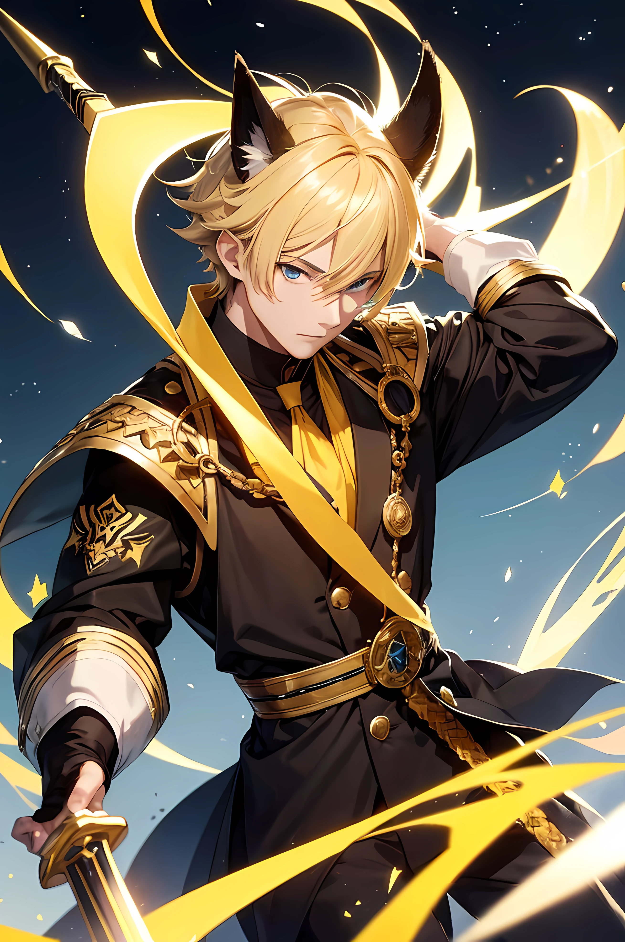 A handsome boy, close-up of a man holding a sword and a sword, blonde hair, a yellow triangle scarf around his neck, a black military uniform, shaggy fox ears (especially large), inspired by Yang Jin, moon-themed costume, astral witch costume, blue-gold pupils, thin man fantasy alchemist, full body adoptable