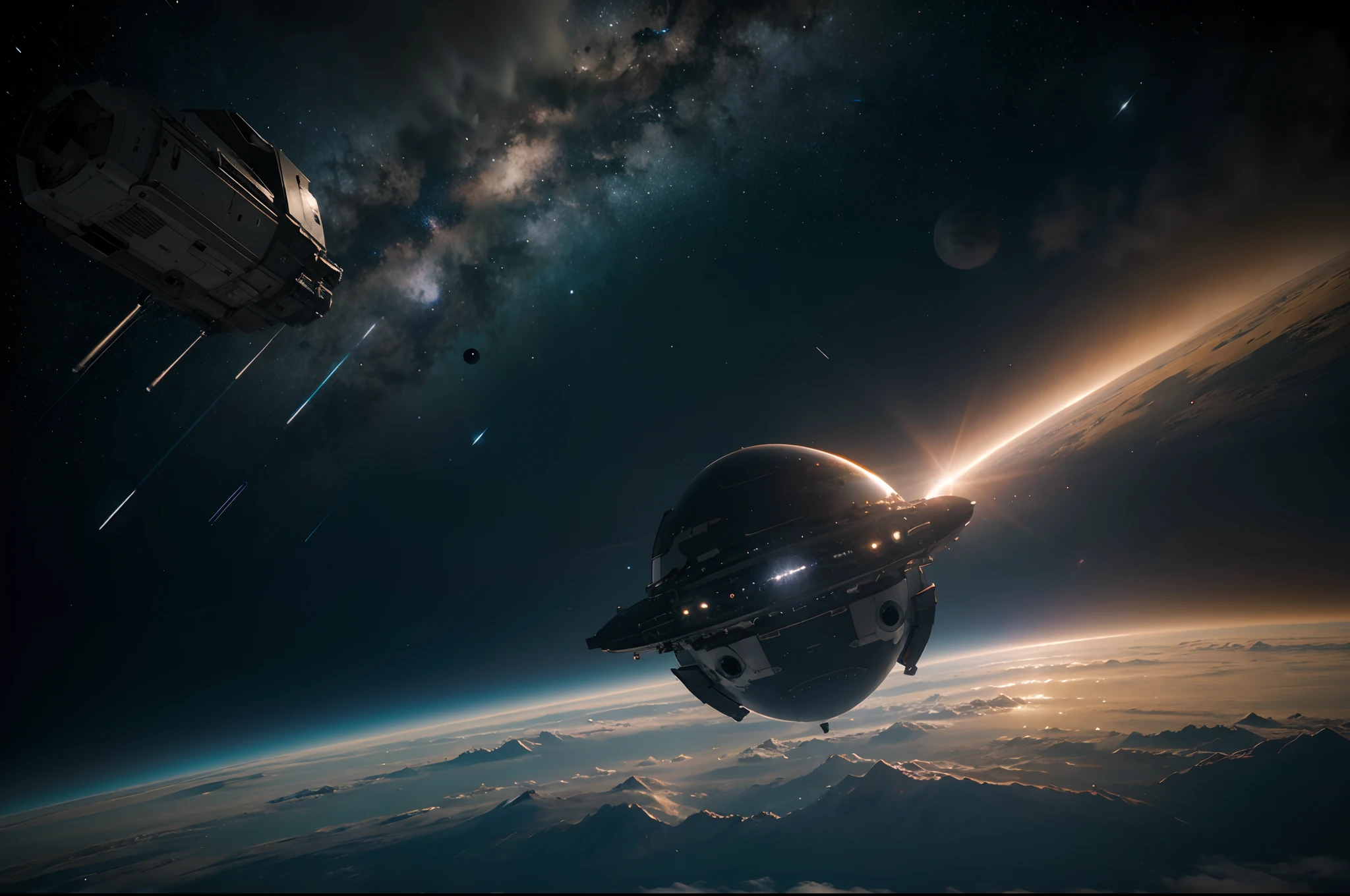 Ultra realistic 8k picture,space, beautiful and shiny stars,a spaceship going to a planet,