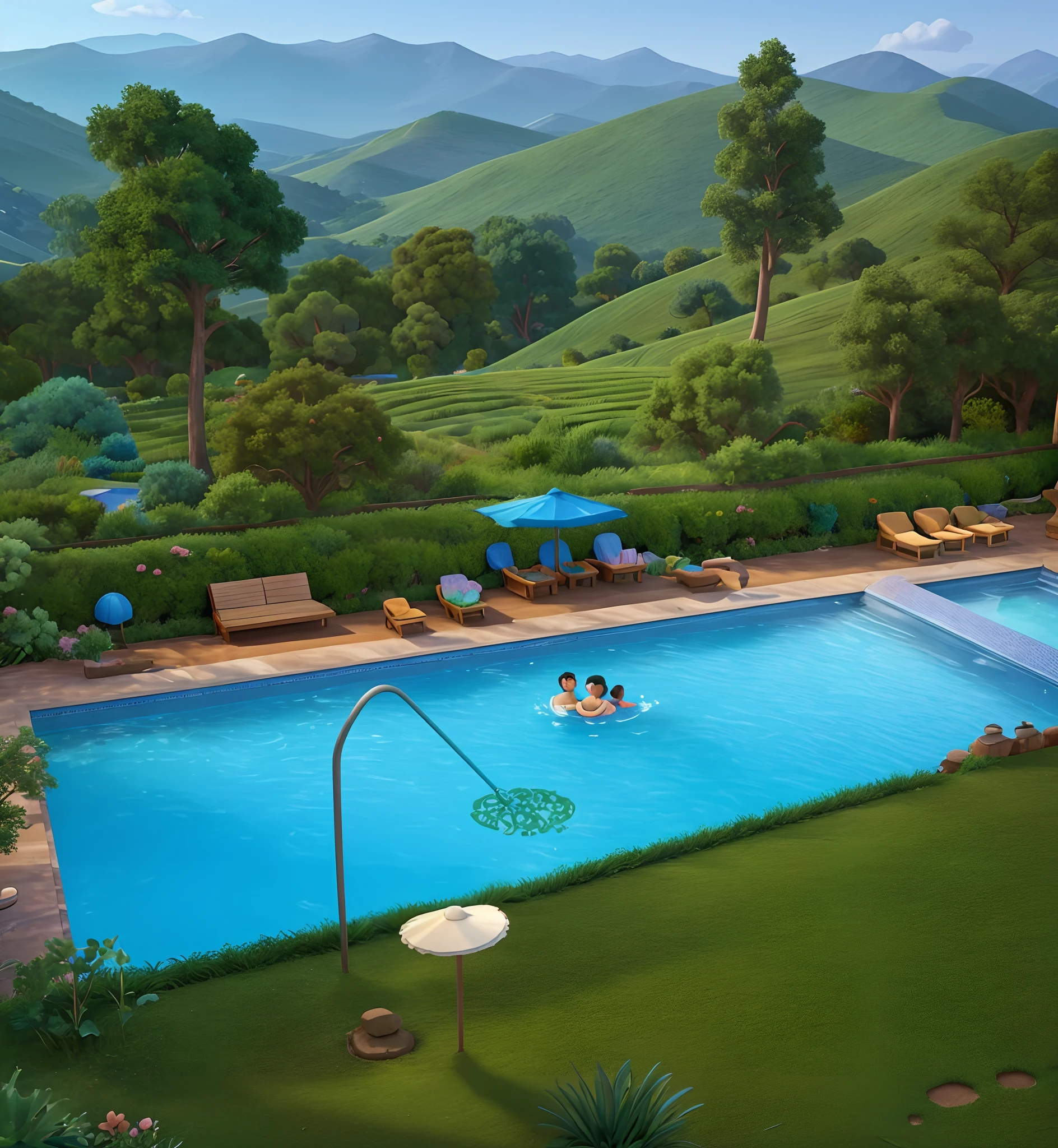 3d cartoon background animation of this scene,Disney Pixar animation style,Hills with lots of beautiful trees, beautiful swimming pool