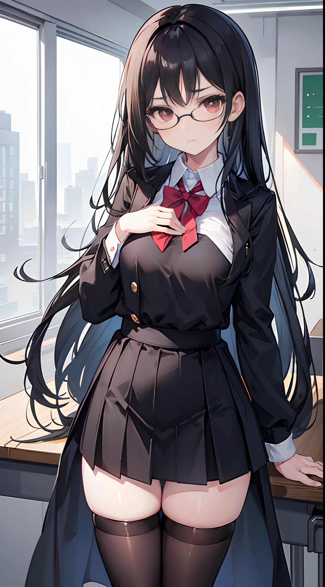 Long black hair that reaches the waist，dishiveredhair，with brown eye，Young girl with glasses and medium build，Wearing a black teacher's uniform，In the classroom，Hold your hands to your chest，black lence stockings，Whole body diagram，A look of accustomedness，Somewhat unhappy，Pouting，expressiveless