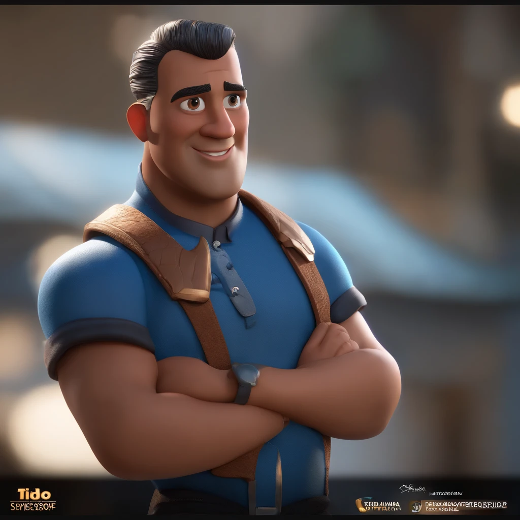 Personagem de desenho animado de um homm usando uma camisa azul, um personagem animado, Caractere estilizado, animation style rendering, 3D estilizado, Arnold Maya render, 3 d render stylized, toon render keyshot, Personagem 3D, Personagem 3D, 3d rendering stylized, 3 d character render, personagem de desenho animado, Personagem de close up, Pose de personagem, (Estilo Pixar) (master part:1.2) (Bokeh) (best quality) (pele detalhada) (textura detalhada) (8k) (argila) (Cinematic lighting) (foco nítido,Senta e vaza a parte superior do corpo