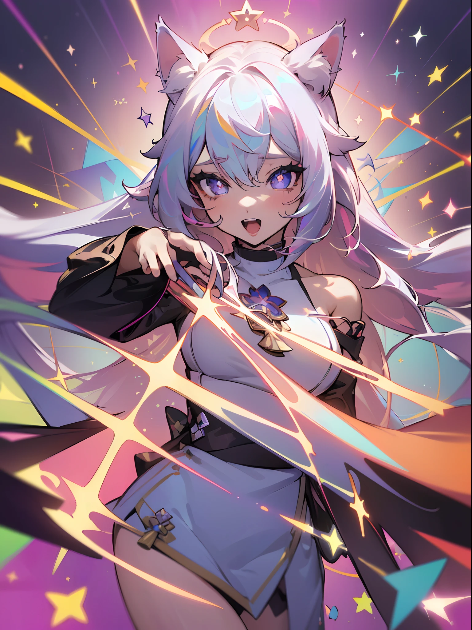 (masterpiece, best quality), ((1girl, (mature female) long hair), (star-shaped pupils,  +_+, symbol-shaped pupils, sparkling eyes), (cat ears, open open mouth)), (looking at viewer, light smile, off shoulder), (abstract, multicolored background, abstract background, chromatic aberration),yae miko, ((genshin impact))