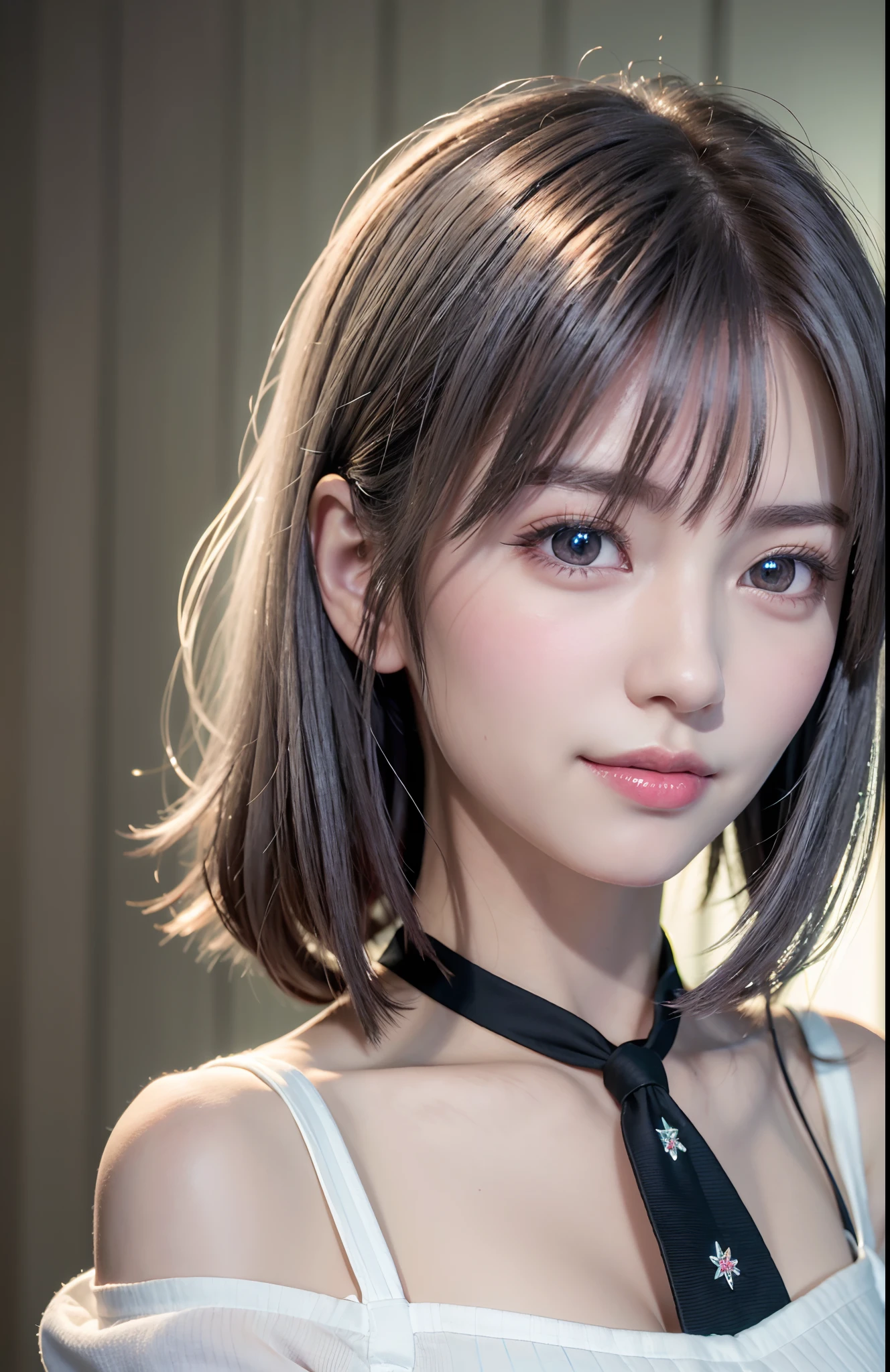 top-quality、8K Masterpiece、超A high resolution、(Photorealsitic:1.3)、Raw photo、女の子1人、silver white hair、glowy skin、((super realistic details))、portlate、globalillumination、Shadow、octan render、8K、ultrasharp、beauty breast、cold color、、highly intricate detail、Realistic light、CGSoation Trends、Beautiful eyes、radiant eyes、Facing the camera、neon details、white  shirt,JINS,neck tie,ssmile