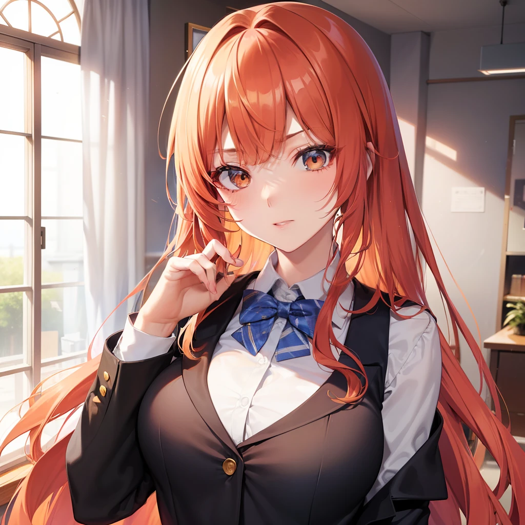 A pretty anime lady, wearing a school uniform, a lady with long Ginger hair and Hazel eyes, is looking at you in annoyance.