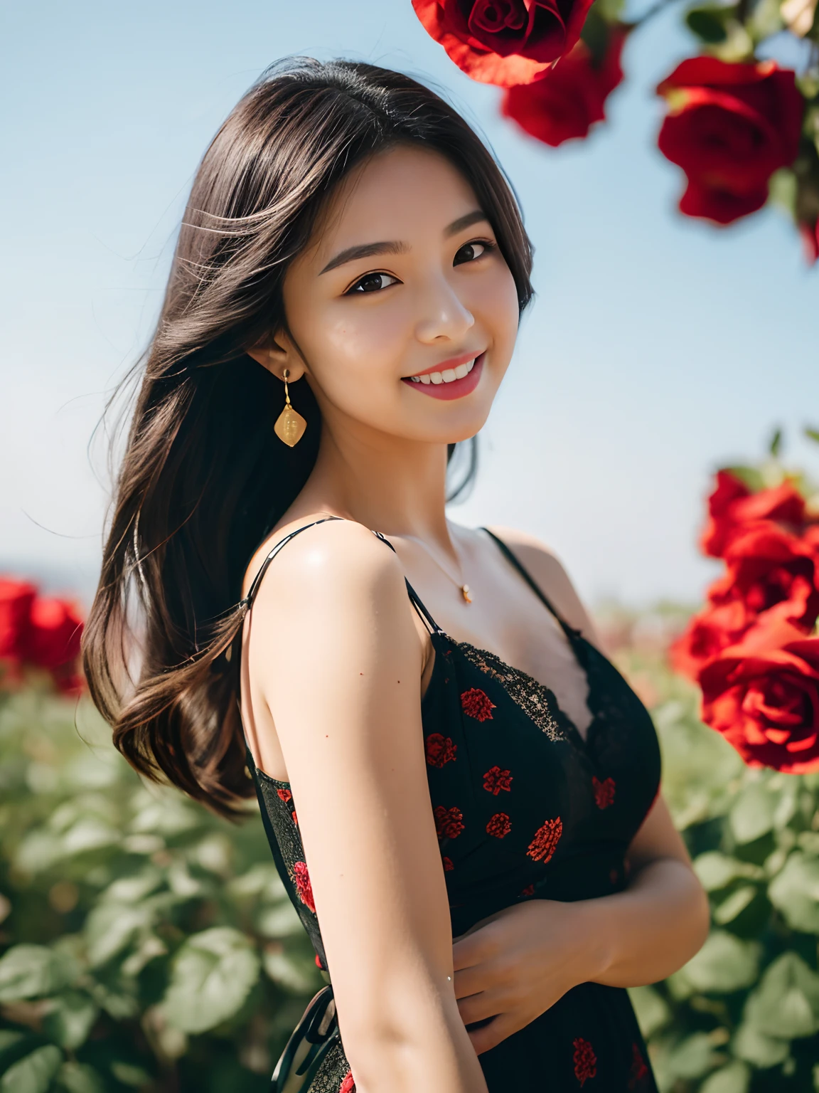 8K, Raw photo, Fuji Film, Style photo of beautiful 25 year old woman, Round face, Red roses in the hair, Wearing red and black lace dress, Golden earrings, Powerful features like a spinning pigeon, (highly detailedskin: 1.2), Medium brown hair with lights, Film grain, 35 mm, cute-style，Leaner body and smile，