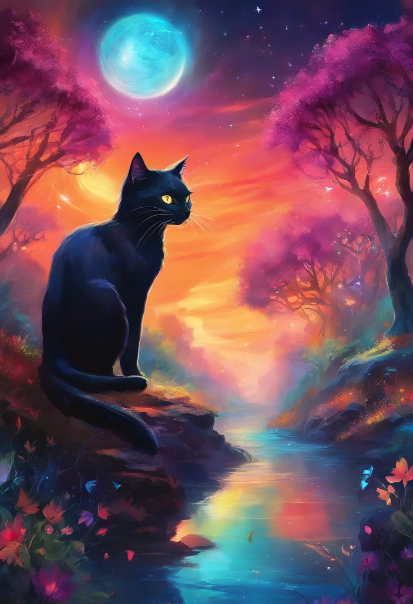 black cats,Glowing planet, Beautiful and splendid,Very bright colors, Colorful and happy