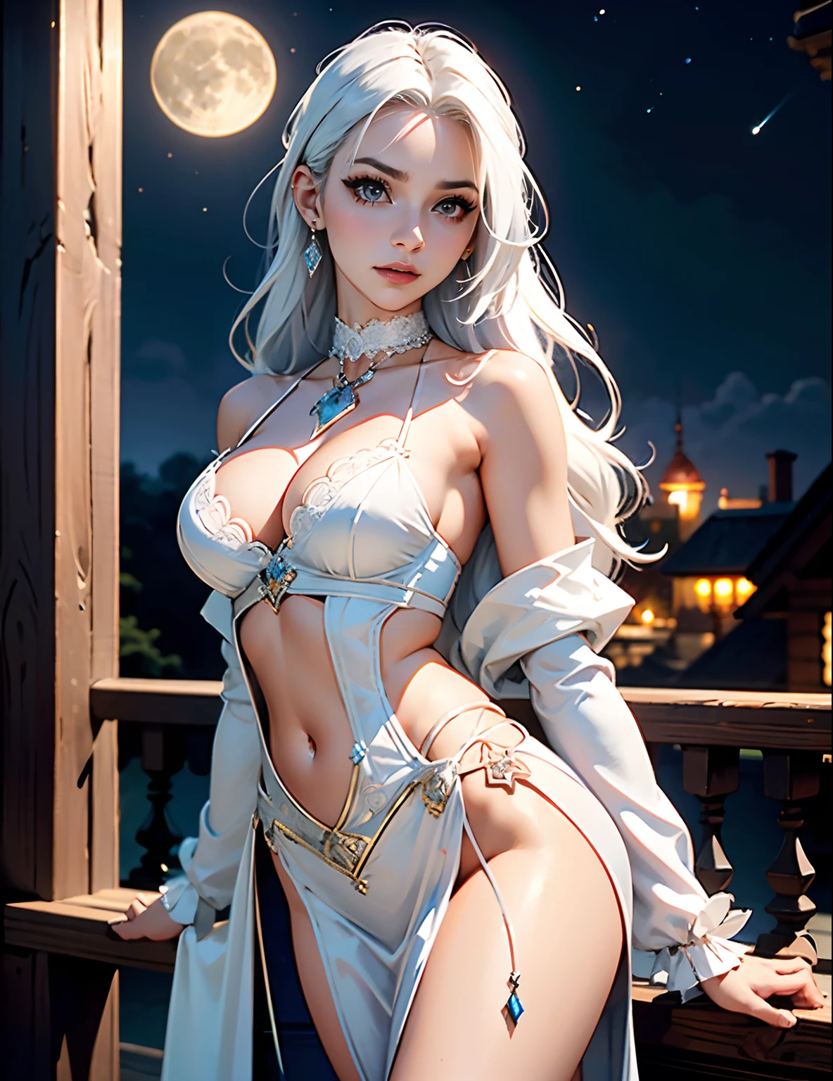 masterpiece, highest quality, (perfect face:1.1) , (high detail:1.1), dramatic, female triplets, breasts, white hair, red eyes, cleavage, long hair, , large breasts, moon, see-through, night, dress, thighs, navel, white dress, laced choker, bare shoulders, slim waists, wide hips, fit thighs, lips, covered, laced robe, pelvic curtain, laced pelvic curtain, toned pelvis, toned hips, milky hips, navel piercings, body piercings, large breasts, white Heels, white sandals, body piercings,, neck chains, castle, detailed background, art by artgerm and greg rutkowski, cinematic lighting