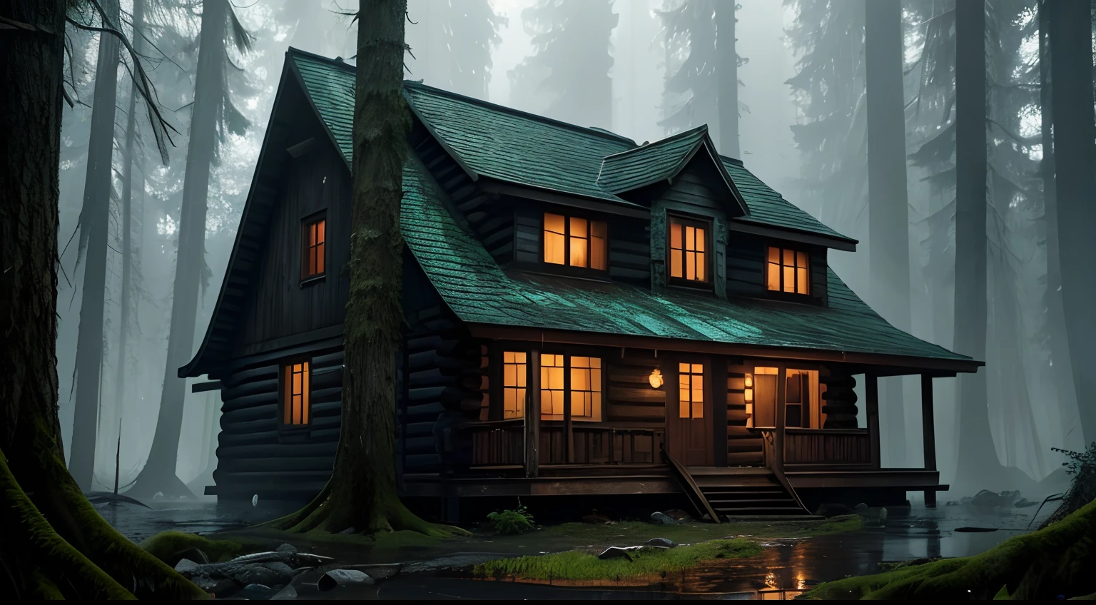 horror mood, dense forest, an old lakeside cabin, moss on the walls, gloomy night, realistic, abandoned, octane render, 8K, hyper realistic , poster style, hyper realistic acrylic painting, fibonacci, insane, intricate, highly detailed, digital painting, artstation, concept art, smooth, sharp focus, unreal engine 5