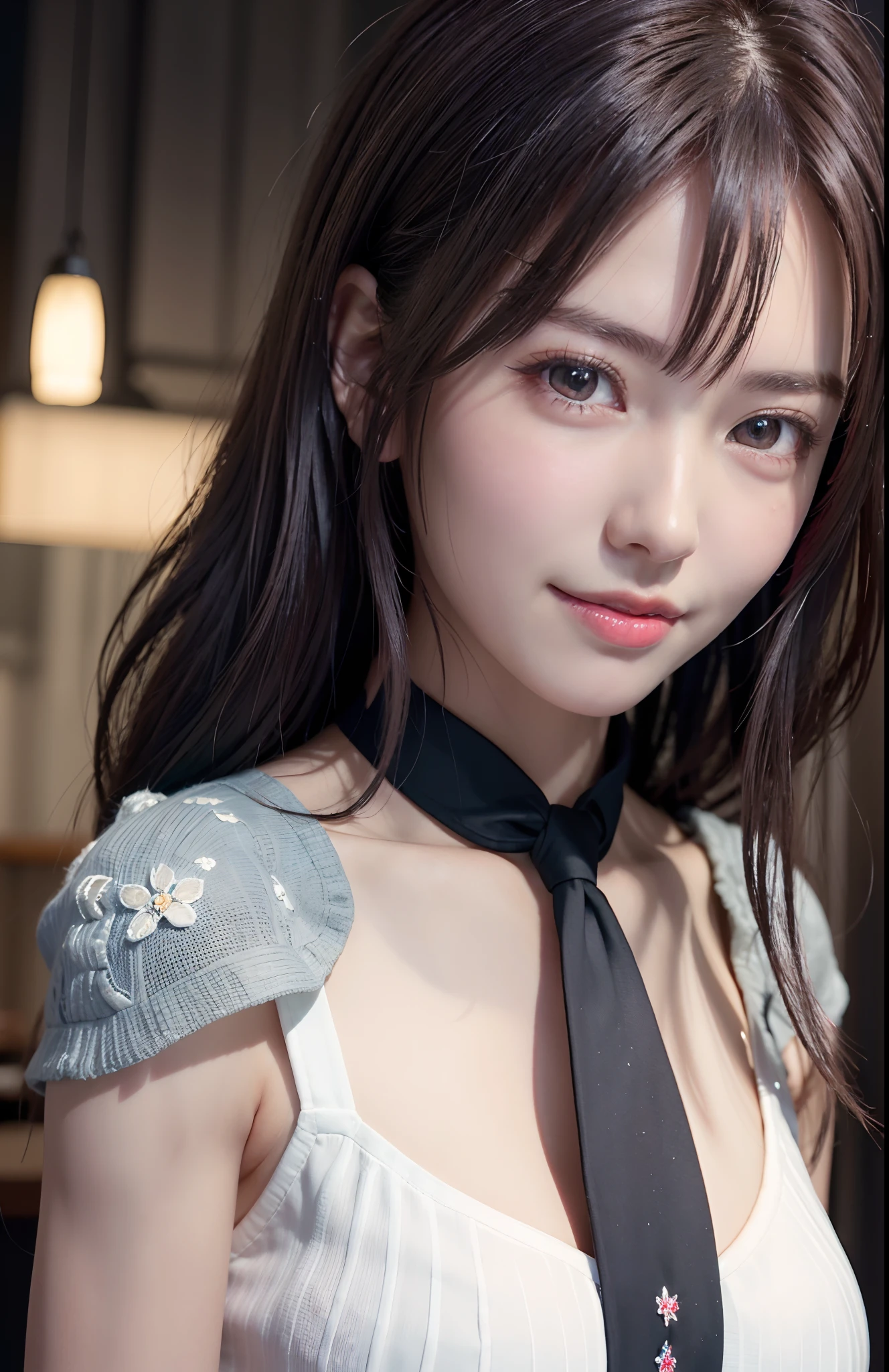 top-quality、8K Masterpiece、超A high resolution、(Photorealsitic:1.3)、Raw photo、1人、silver white hair、glowy skin、((super realistic details))、portlate、globalillumination、Shadow、octan render、8K、ultrasharp、beauty breast、cold color、、highly intricate detail、Realistic light、CGSoation Trends、Beautiful eyes、radiant eyes、Facing the camera、neon details、white  shirt,JINS,neck tie,ssmile
