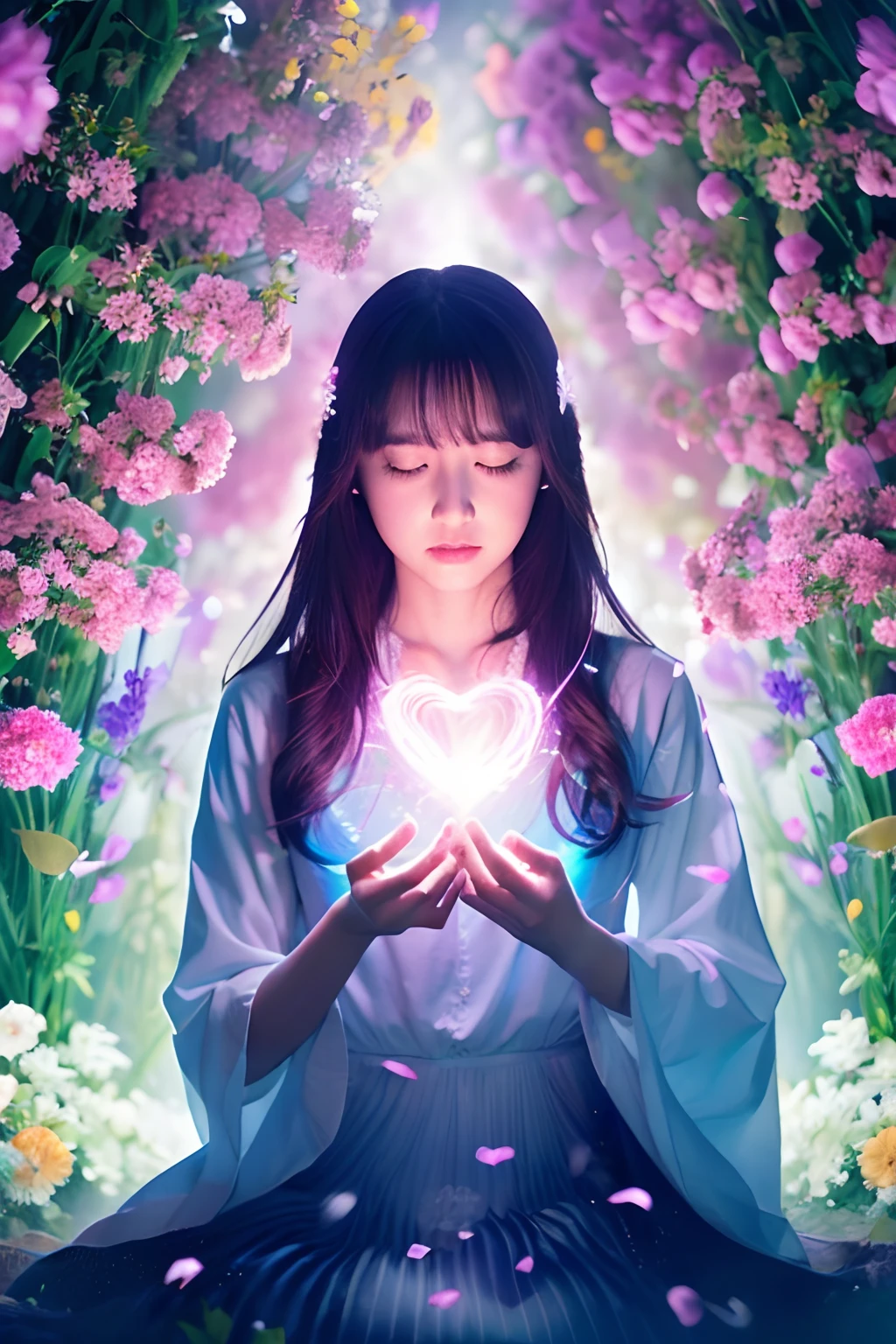 Girl with a heart、Wearing an aura、Facing the front、Surrounded by flowers、Has an aura