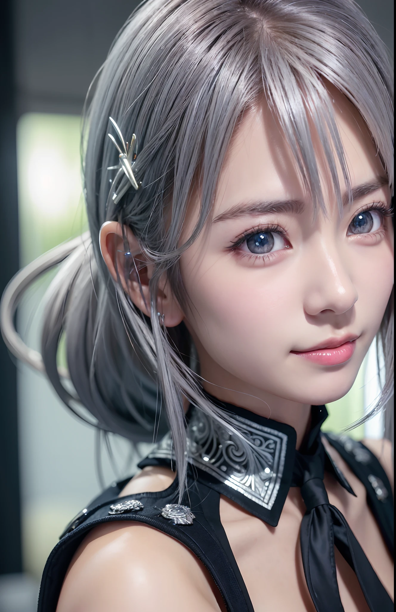 top-quality、8K Masterpiece、超A high resolution、(Photorealsitic:1.3)、Raw photo、1人、silver white hair、glowy skin、((super realistic details))、portlate、globalillumination、Shadow、octan render、8K、ultrasharp、beauty breast、cold color、、highly intricate detail、Realistic light、CGSoation Trends、Beautiful eyes、radiant eyes、Facing the camera、neon details、white shirt,JINS,neck tie,ssmile