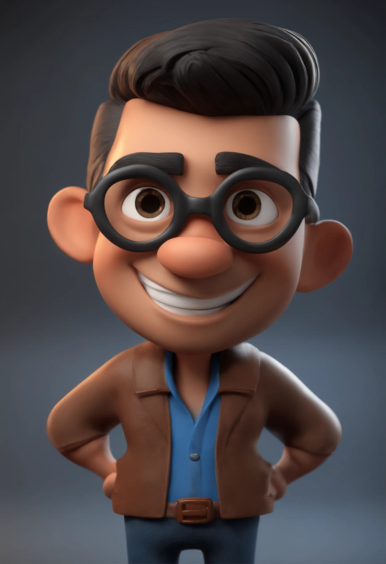 Cartoon character of a man with black glasses, cabelo cacheado marrom escuro e uma camisa azul, animation character, Caractere estilizado, animation style rendering, 3D estilizado, Arnold Maya render, 3 d render stylized, toon render keyshot, Personagem 3D, Personagem 3D, 3d rendering stylized, 3 d character render, personagem de desenho animado, Personagem de close up, Pose de personagem, (Estilo Pixar) (master part:1.2) (Bokeh) (best quality) (pele detalhada) (textura detalhada) (8k) (argila) (Cinematic lighting) (foco nítido