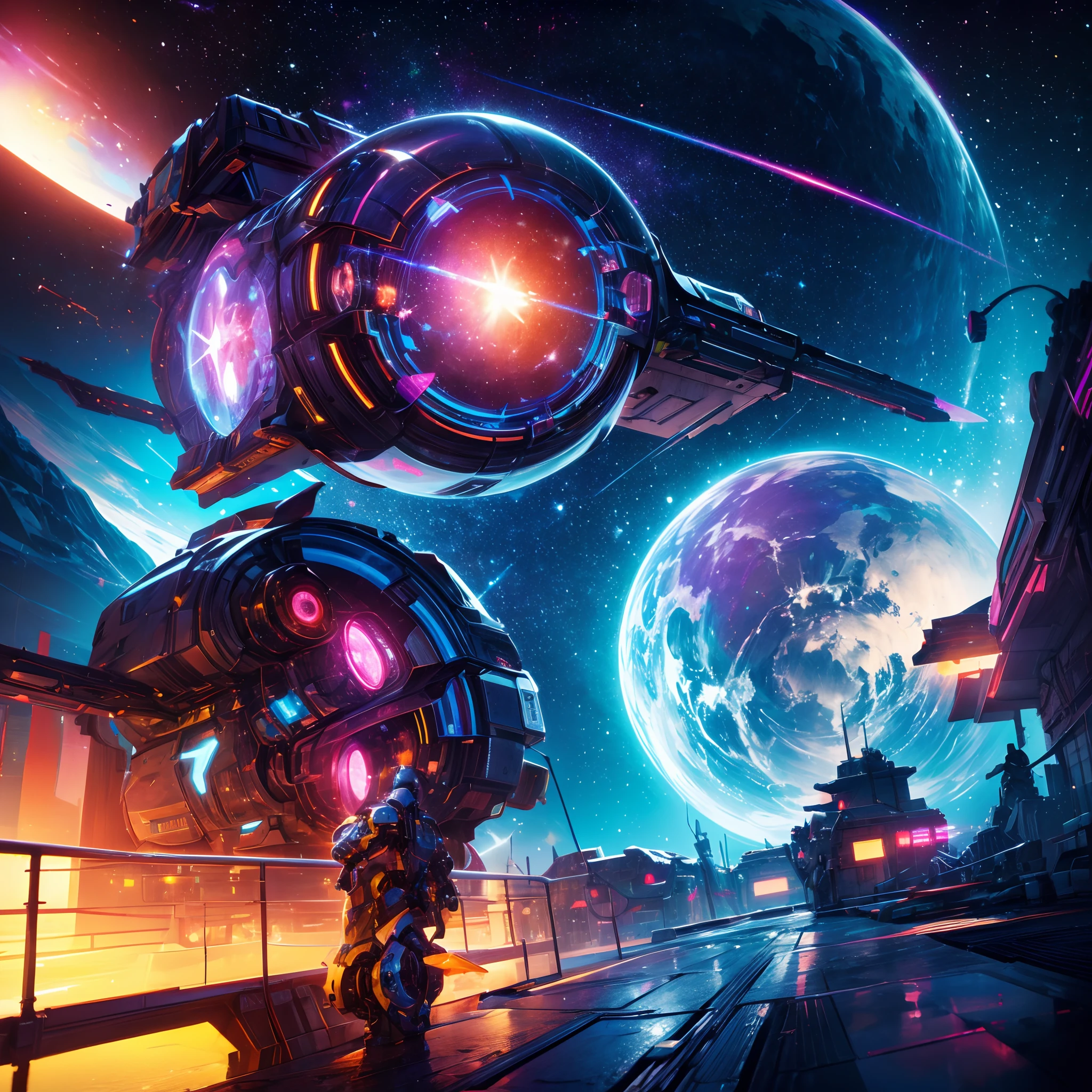 luminescent colorful A 3D modeling space Mascot robot made of silvery metal with colorful eye's highly detailed intricated concept art trending artstation 8k, by makoto shinkai, stanley artgerm lau, wlop, rossdraws in a galaxy planet, pixel style