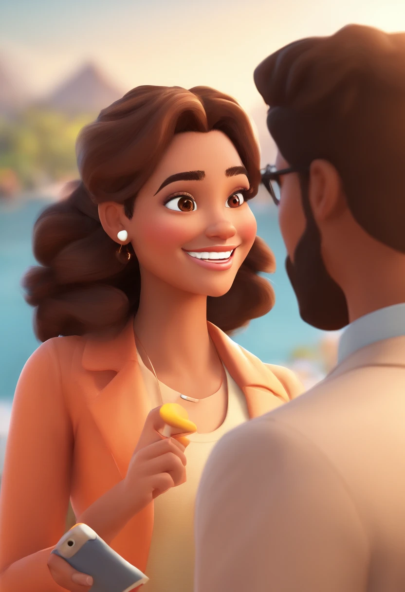 An illustration of an adorable couple, Highlight for a chubby mulatto man with smiling glasses and a brunette woman with beautiful expressive eyes - the man's skin is mulatto and the man's hair has, while the woman's skin is black and the woman's hair is straight and brown. They are a bright room, cada um com um sorriso no rosto, e compartilhar um momento especial caracterizado pelo amor, Insights. Illustrate this scene from a perspective where they are facing the camera, Smiling and Showing Your Connection. Desenvolva esta arte em Full HD, Focus on your cinematic touch, Estilo Disney Pixar Animations