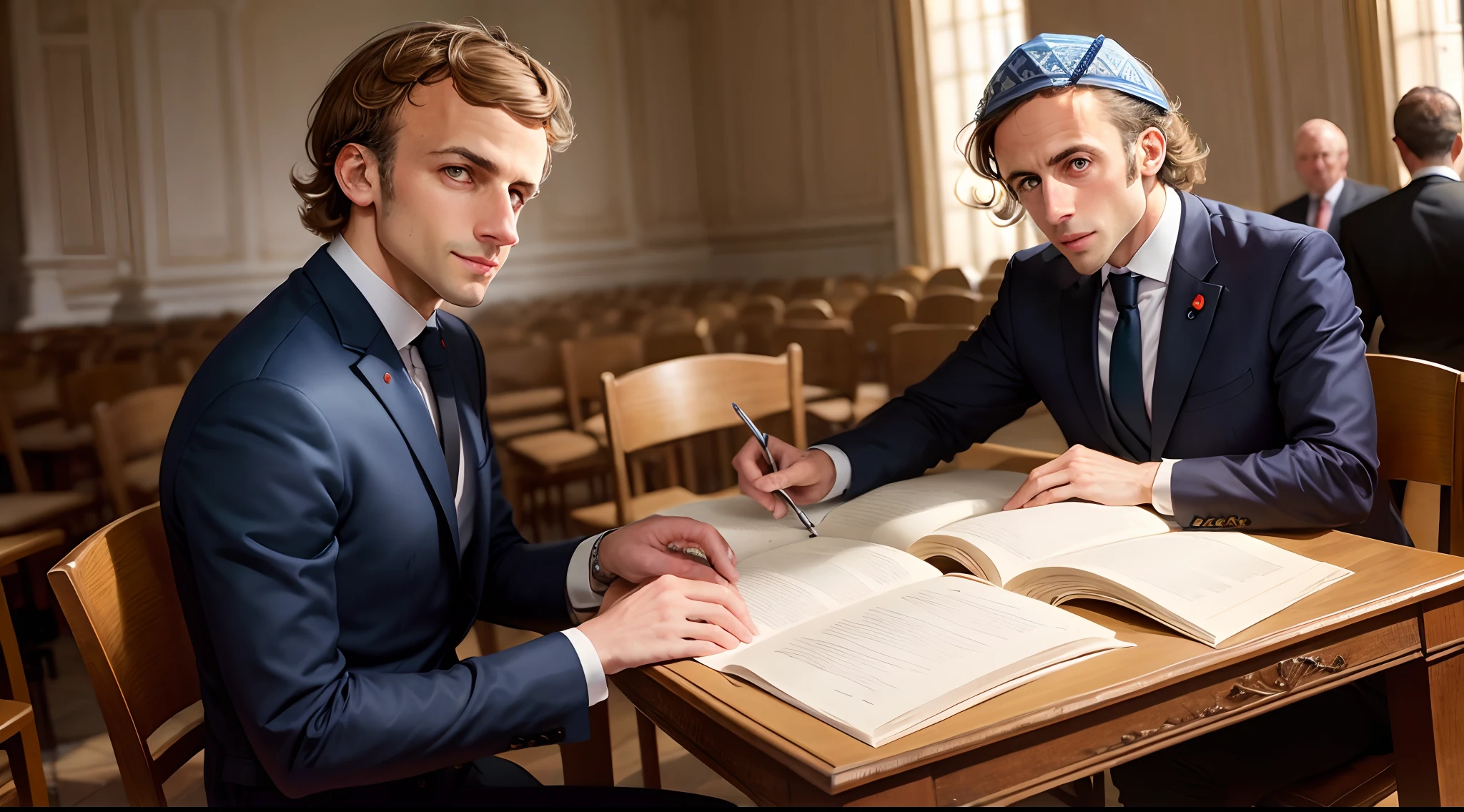 Emanuel Macron with a kippah on his head, dans une synagogue.
