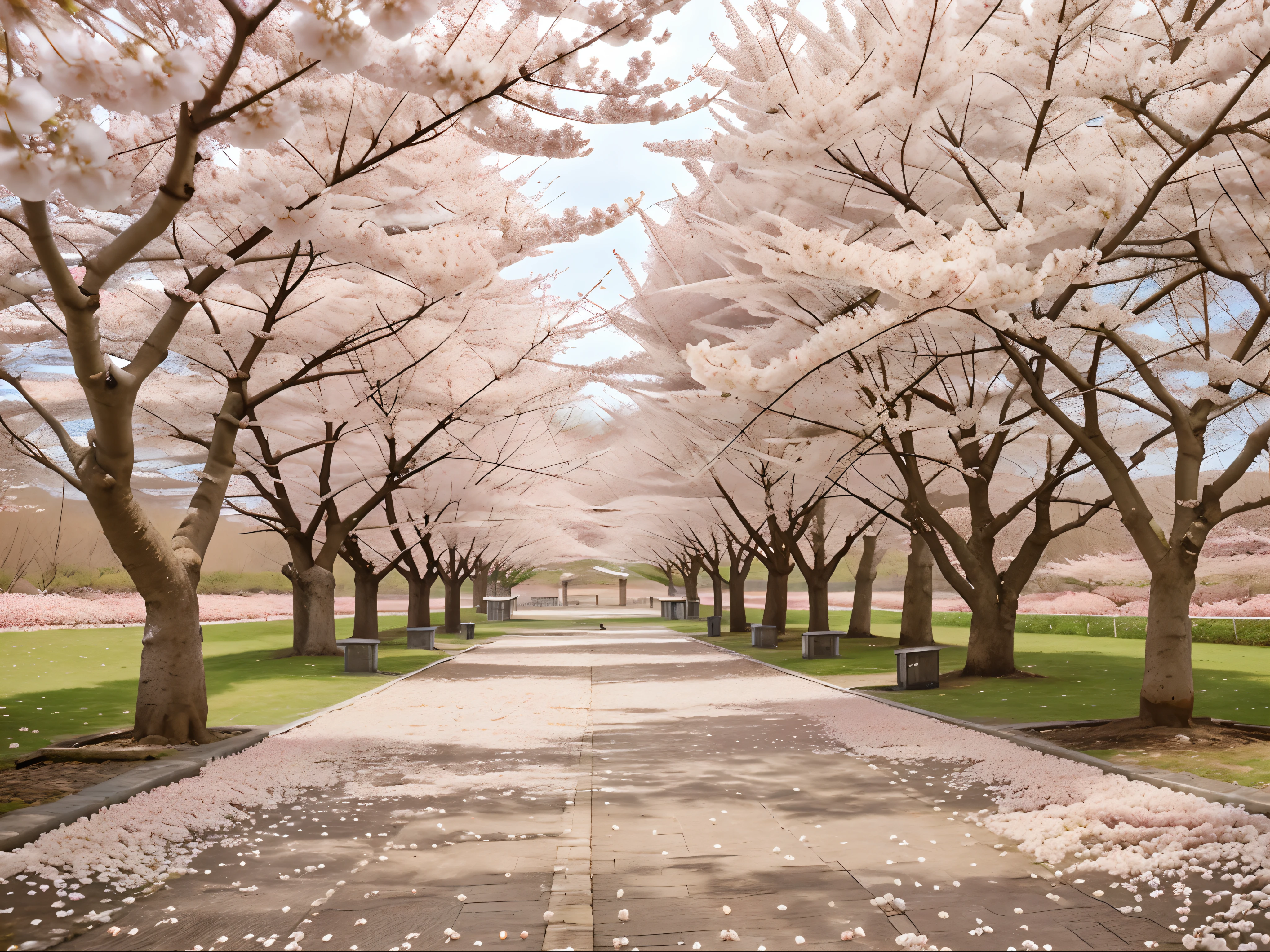Blossoming Cherry Blossom Trees: Delicate pink or white petals covering the trees, creating a serene and picturesque scene.