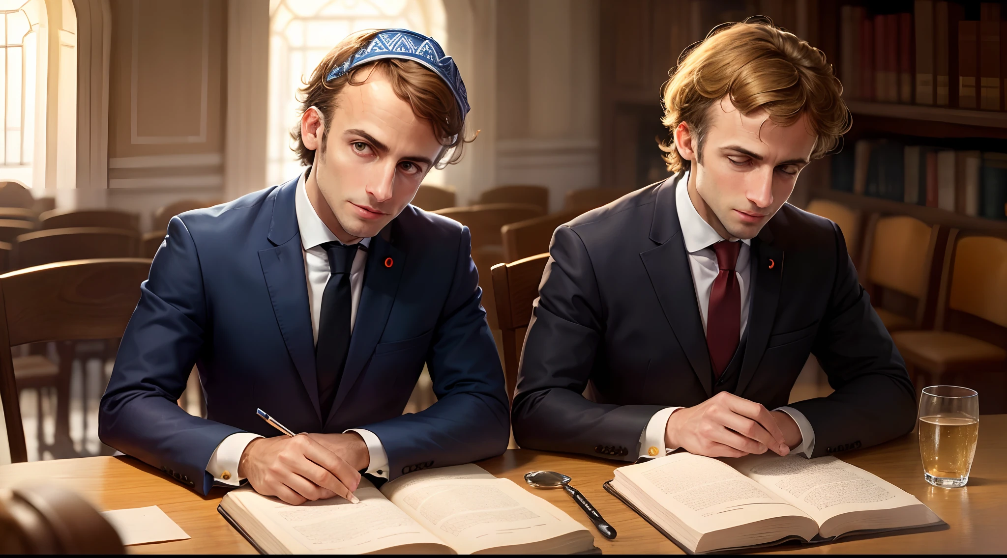 Emanuel Macron with a kippah on his head, dans une synagogue.