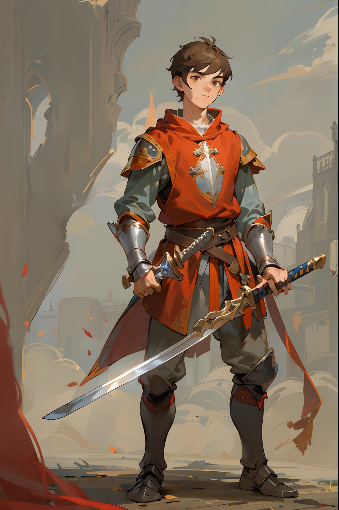 A 17-year-old teenage boy, a boy swordsman, holding an medieval sword, height 1.7m, weight 70kg, light skin tone, without a beard, without a goatee, no facial hair, no body hair, brown hair color, straight hair, pointed ears, medieval knight's silver armor, red clothes