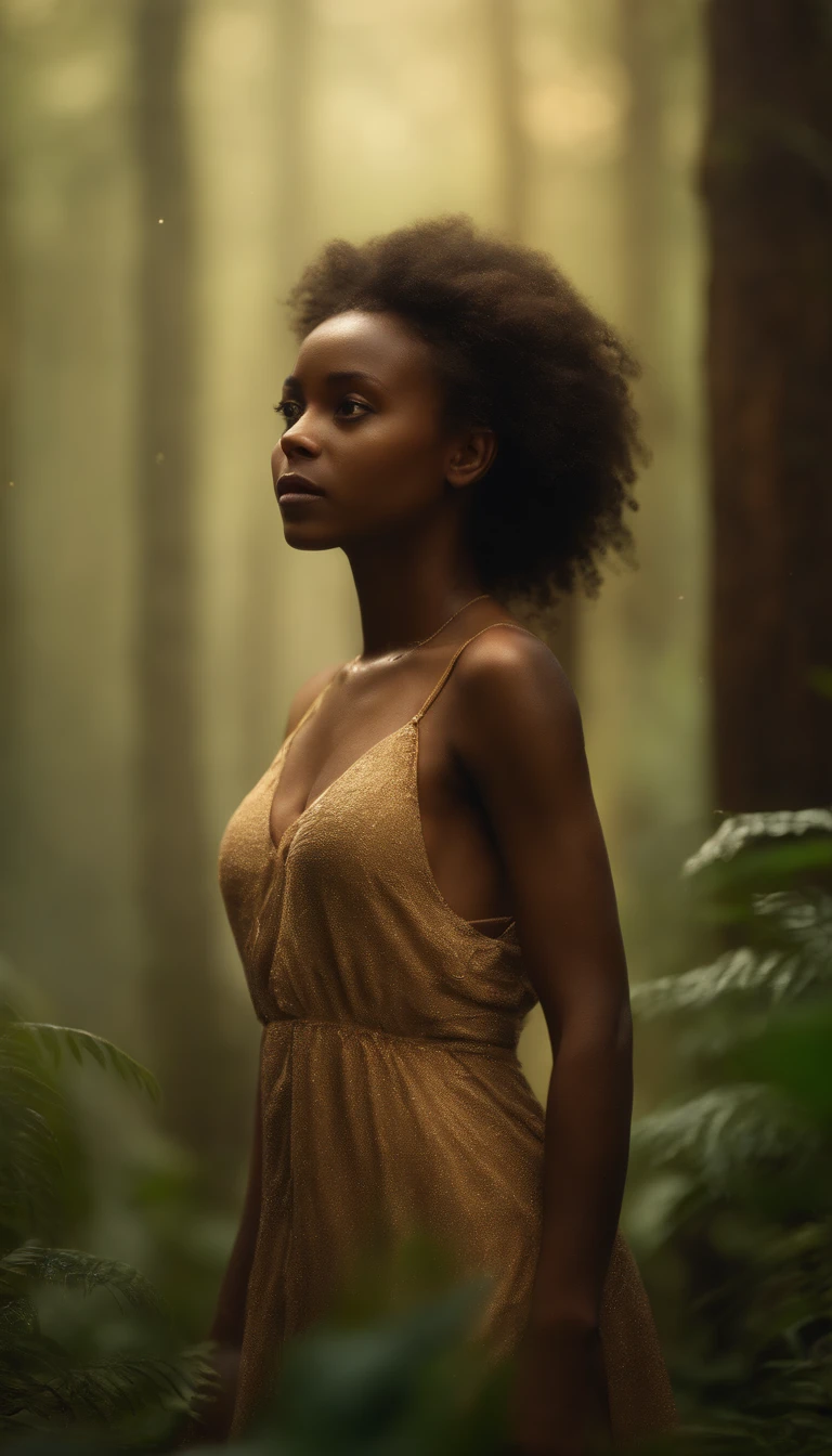 Ondine, Water spirit cute African girl liquid clothes, long, frizzy hair, rainforest, on background forest fires, Photo brute, Fov, Lens Flare, Rayons divins, Surglaçage, volumetric fog, cinematic light, profondeur de champ, epic, realism, wallpaper, Detailed, small details, intrinsic, 8k HDR, golden ratio, asymmetry, Masterpiece, Best quality