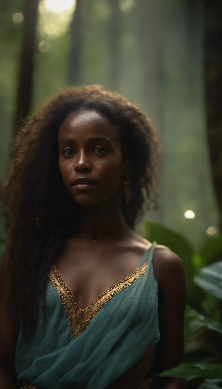 Ondine, Water spirit cute African girl liquid clothes, long, frizzy hair, rainforest, on background forest fires, Photo brute, Fov, Lens Flare, Rayons divins, Surglaçage, volumetric fog, cinematic light, profondeur de champ, epic, realism, wallpaper, Detailed, small details, intrinsic, 8k HDR, golden ratio, asymmetry, Masterpiece, Best quality