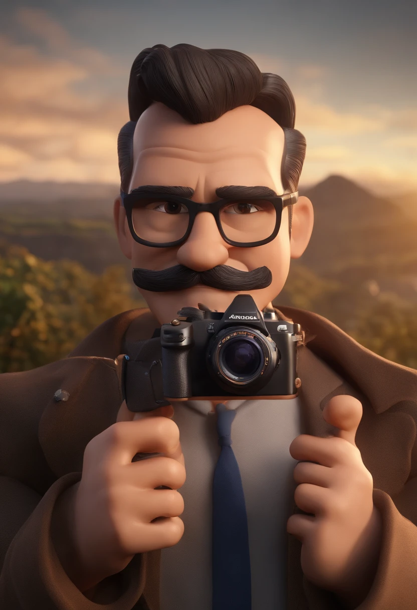 personagem dos desenhos animados de um homem de barba e bigode, with black eyeglasses, entradas laterais no cabelo curto e uma camisa xadrez, With a camera in his hands , animation character, Caractere estilizado, animation style rendering, 3D estilizado, Arnold Maya render, 3 d render stylized, toon render keyshot, Personagem 3D, Personagem 3D, 3d rendering stylized, 3 d character render, personagem de desenho animado, Personagem de close up, Pose de personagem, (Estilo Pixar) (master part:1.2) (Bokeh) (best quality) (pele detalhada) (textura detalhada) (8k) (argila) (Cinematic lighting) (foco nítido