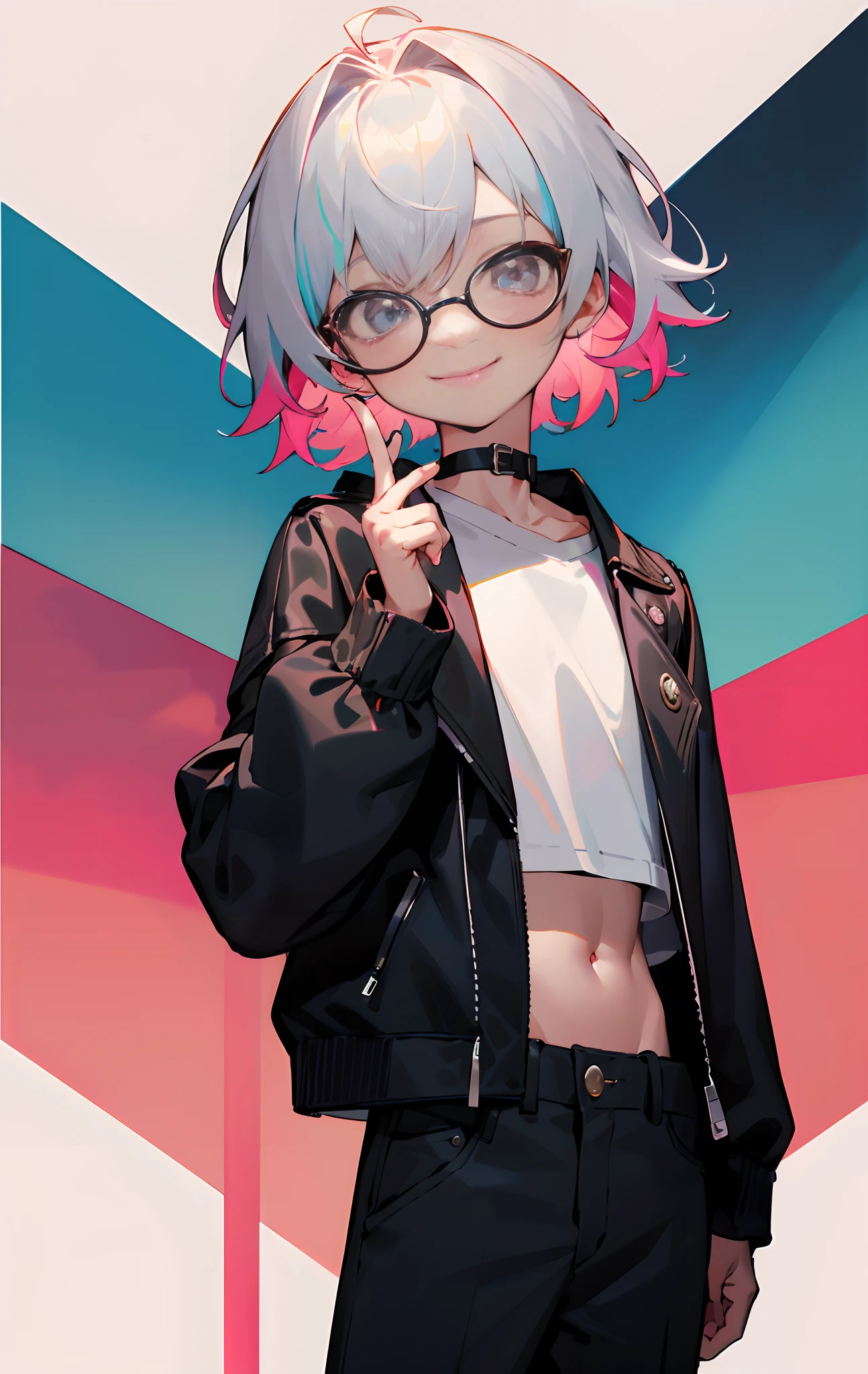 (Male , eye glasses,A smile, silber hair)、独奏、jaket、Black jacket、Iridescent background、a choker、razor、Leather jacket、O cabelo multicolorido、cowboy shot、Color Inner Hair、bangss、White shirt、Fluffy clothes、Two-tone、Viewer's Perspective、is standing、a closed mouth、A pink-haired、Hand up、croptop、sideways Facing